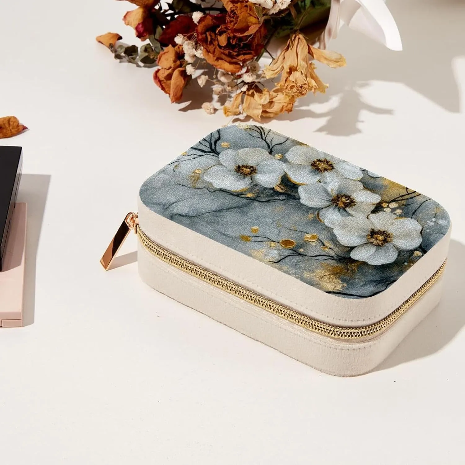 Travel Jewelry Case for Women Girls, Jewelry Organizer Portable Jewelry Storage Display Holder for Necklace Stud Earrings Ring - Abstract Flowers Branches