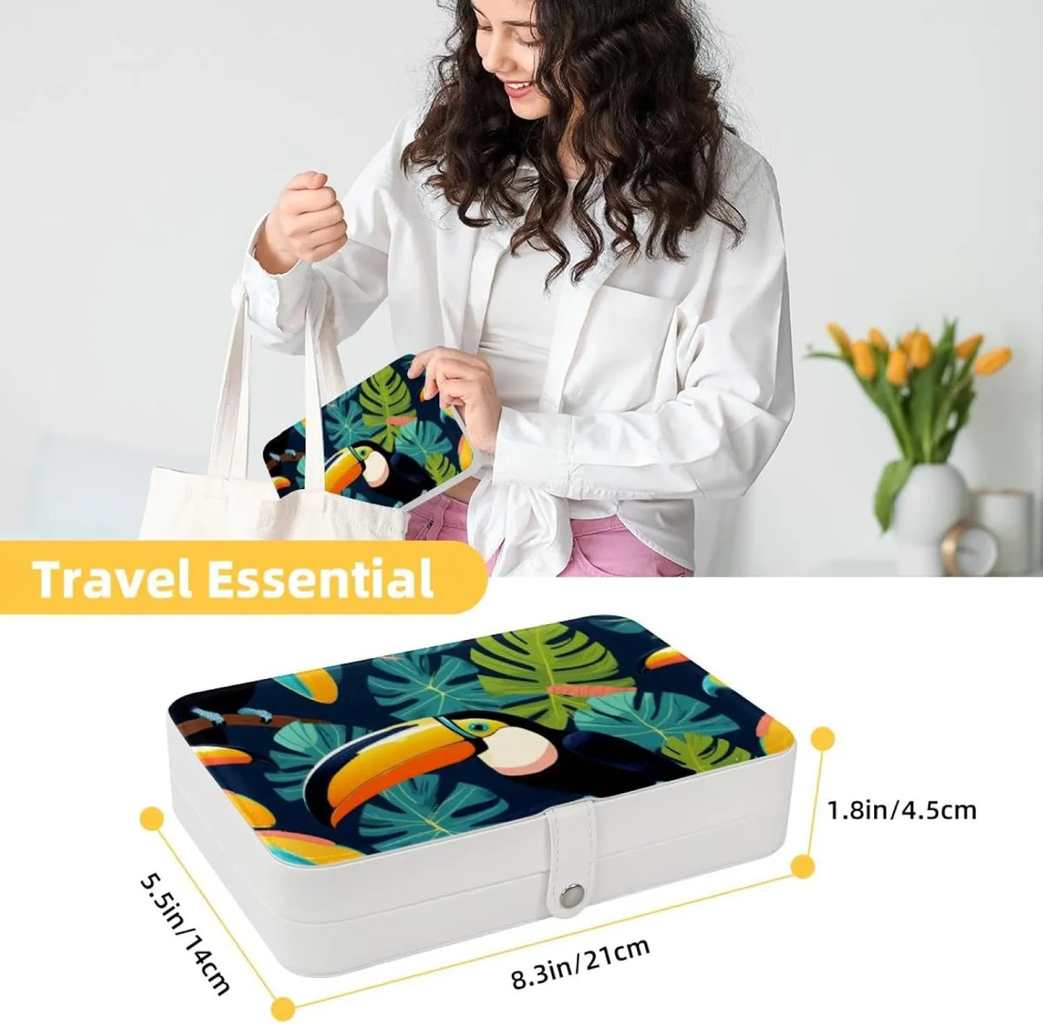 Travel Jewelry Case for Women Girls, Jewelry Organizer Portable Jewelry Storage Display Holder for Necklace Stud Earrings Ring - Tropical Birds Toucan