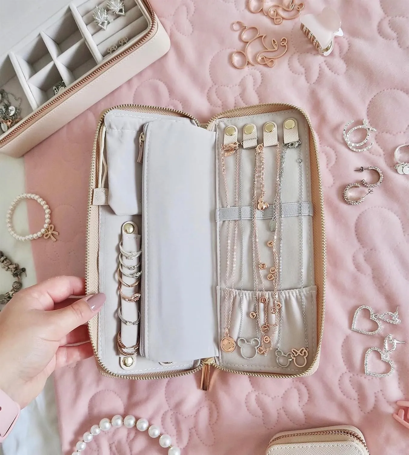 Travel Jewelry Organizer Case - for Tangle-Free Necklaces, Earrings, Rings, Bracelets Storage, Travel Essentials, Fashion Portable Jewelry Travel bags for Women - Medium Macaron Pink