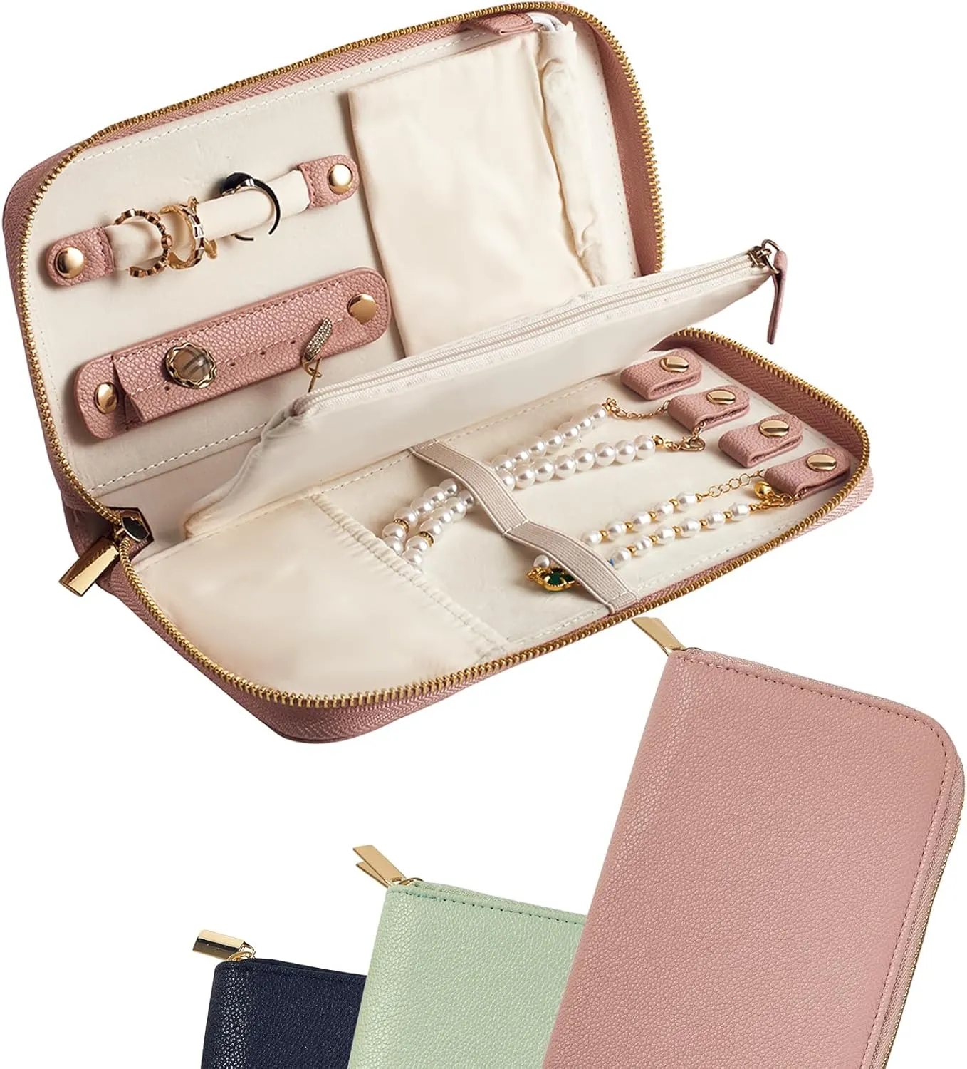 Travel Jewelry Organizer Case - for Tangle-Free Necklaces, Earrings, Rings, Bracelets Storage, Travel Essentials, Fashion Portable Jewelry Travel bags for Women - Medium Macaron Pink