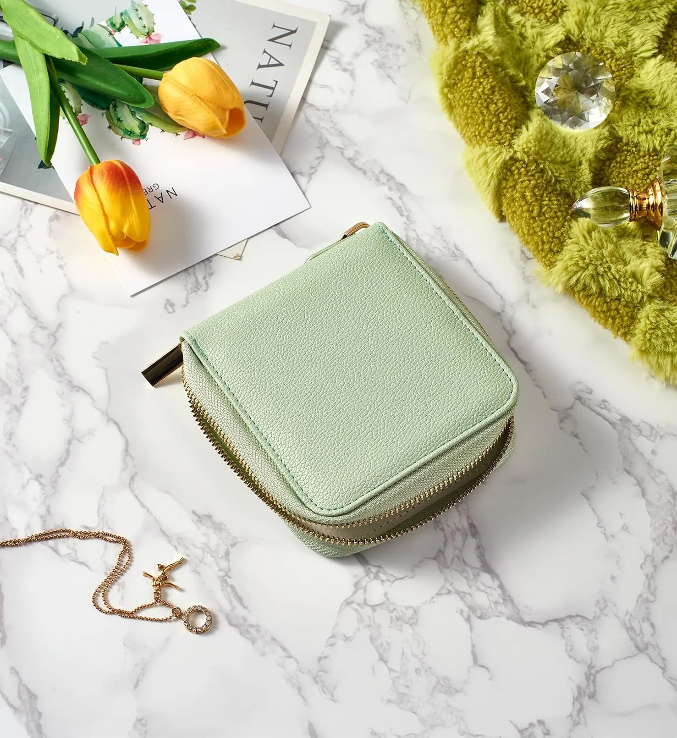 Travel Jewelry Organizer Case - for Tangle-Free Necklaces, Earrings, Rings, Bracelets Storage, Travel Essentials, Fashion Portable Jewelry Travel bags for Women - Small Macaron Green