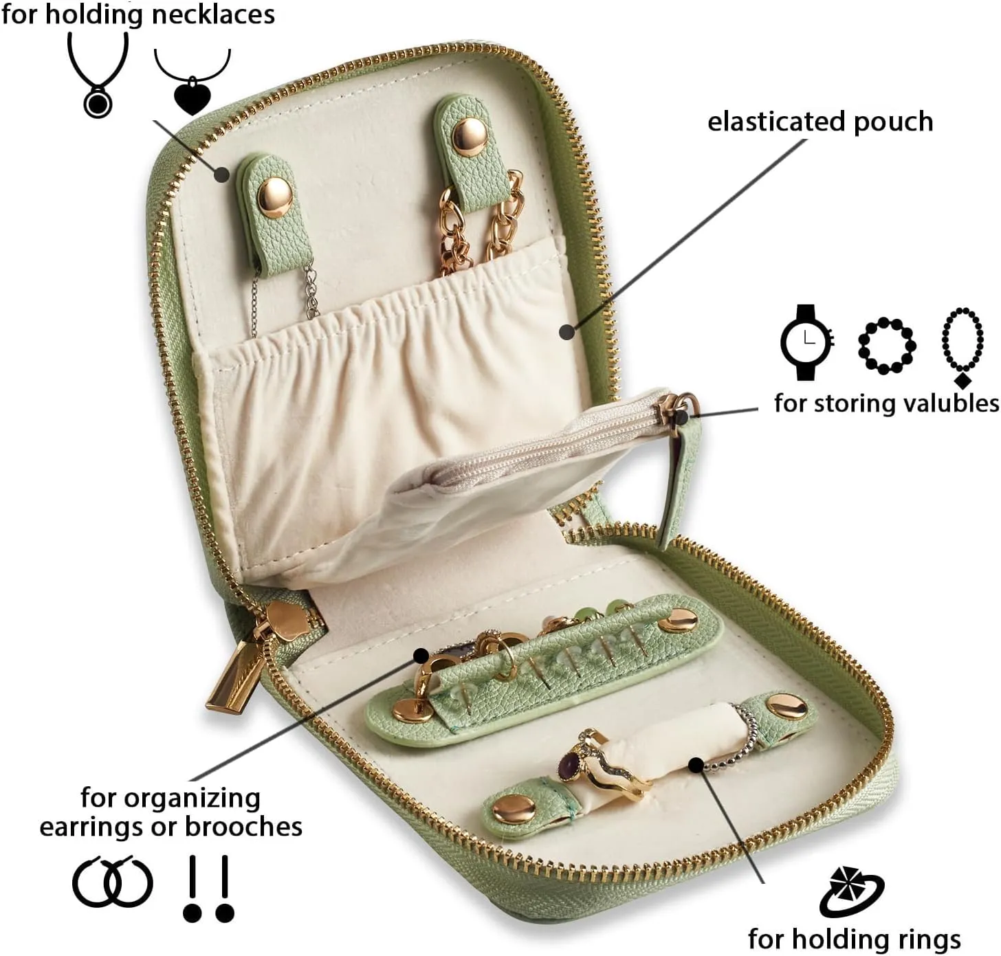 Travel Jewelry Organizer Case - for Tangle-Free Necklaces, Earrings, Rings, Bracelets Storage, Travel Essentials, Fashion Portable Jewelry Travel bags for Women - Small Macaron Green