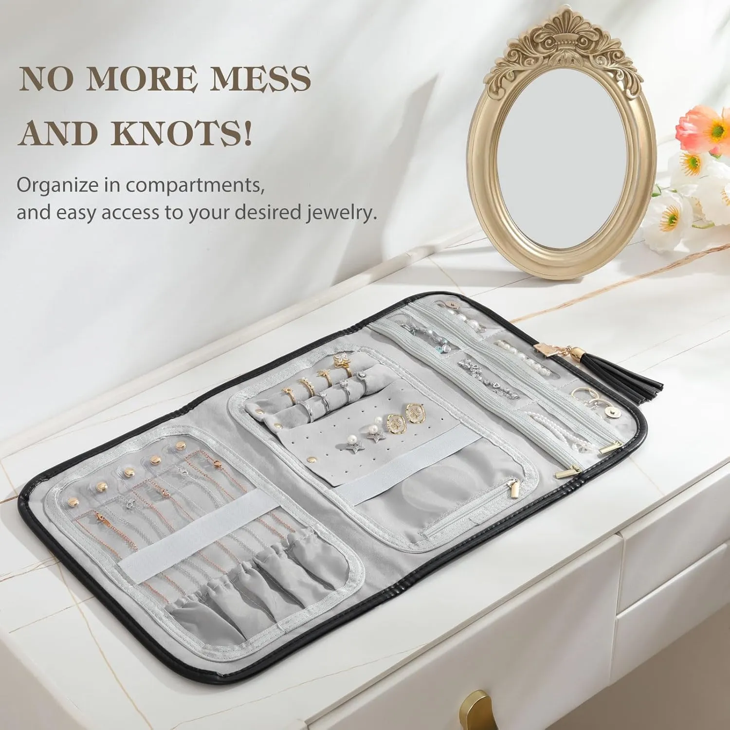 Travel Jewelry Organizer for Women, Waterproof Portable Leather Jewelry Roll Bag Storage Pouch, Foldable Tangle Free Travel Jewelry Case Holder for Necklace Earrings Bracelet Rings, Black