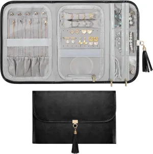 Travel Jewelry Organizer for Women, Waterproof Portable Leather Jewelry Roll Bag Storage Pouch, Foldable Tangle Free Travel Jewelry Case Holder for Necklace Earrings Bracelet Rings, Black