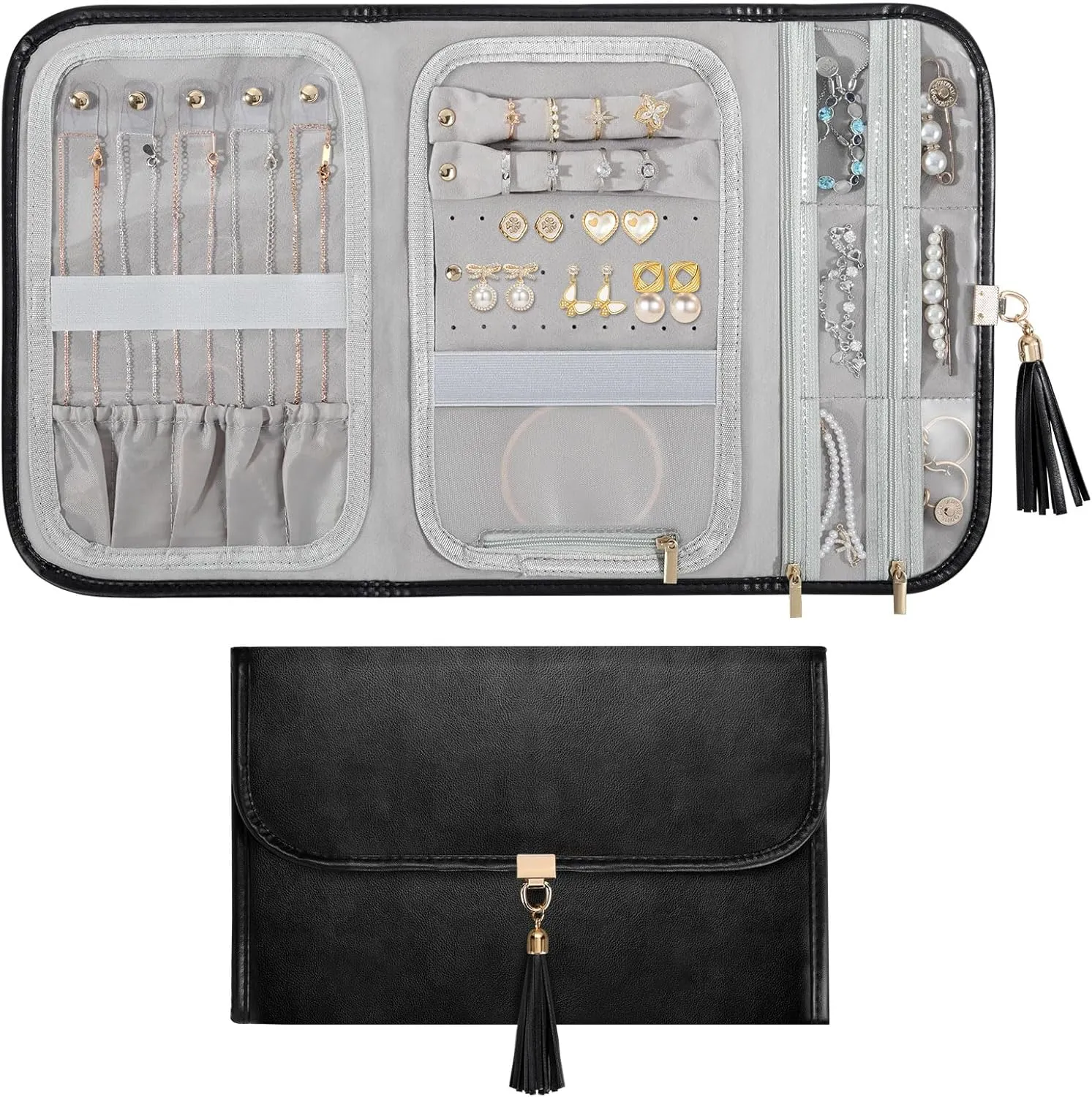 Travel Jewelry Organizer for Women, Waterproof Portable Leather Jewelry Roll Bag Storage Pouch, Foldable Tangle Free Travel Jewelry Case Holder for Necklace Earrings Bracelet Rings, Black