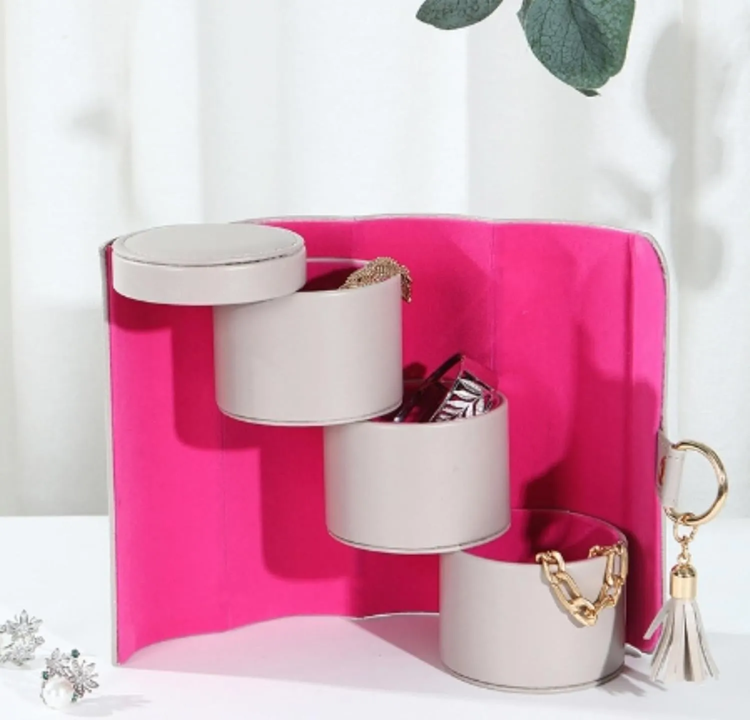 Travel Portable Jewelry Organizer,Rotating Tray Foldable Jewelry Storage Bag,Pu Vogue Ring Box,For Women Travel Home Storage