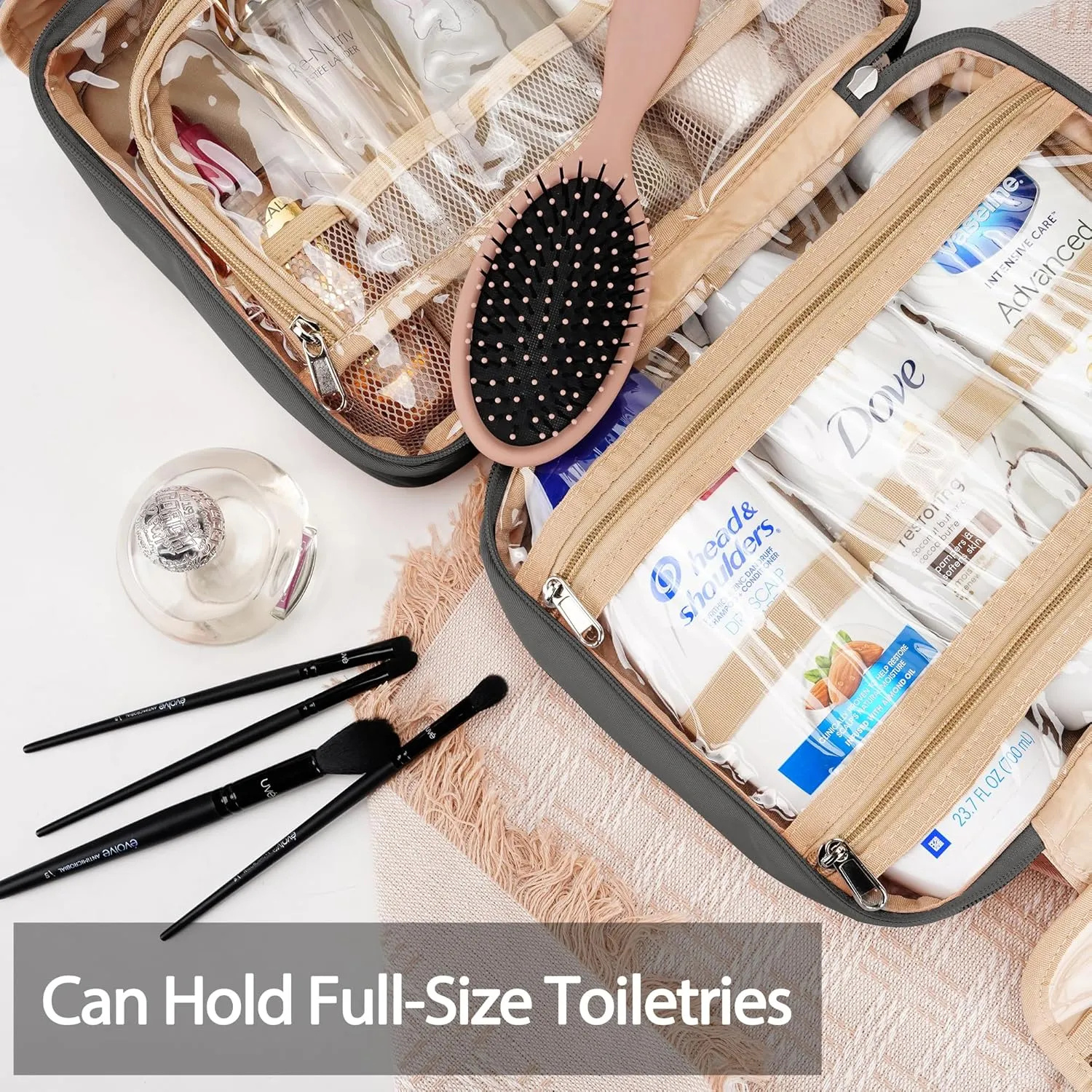 Travel Toiletry Bag for Women and Men, with Jewelry Organizer Compartment and Waterproof pocket, Hanging Makeup Accessories, Cosmetic Essentials, Toiletries Dopp Kit Set with Trolley Belt, Dark Grey