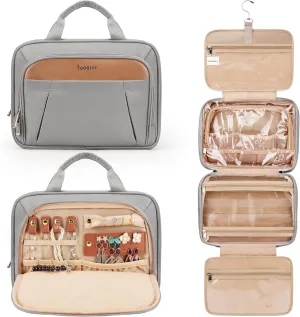 Travel Toiletry Bag for Women and Men, with Jewelry Organizer Compartment and Waterproof pocket, Hanging Makeup Accessories, Cosmetic Essentials, Toiletries Dopp Kit Set with Trolley Belt, Grey