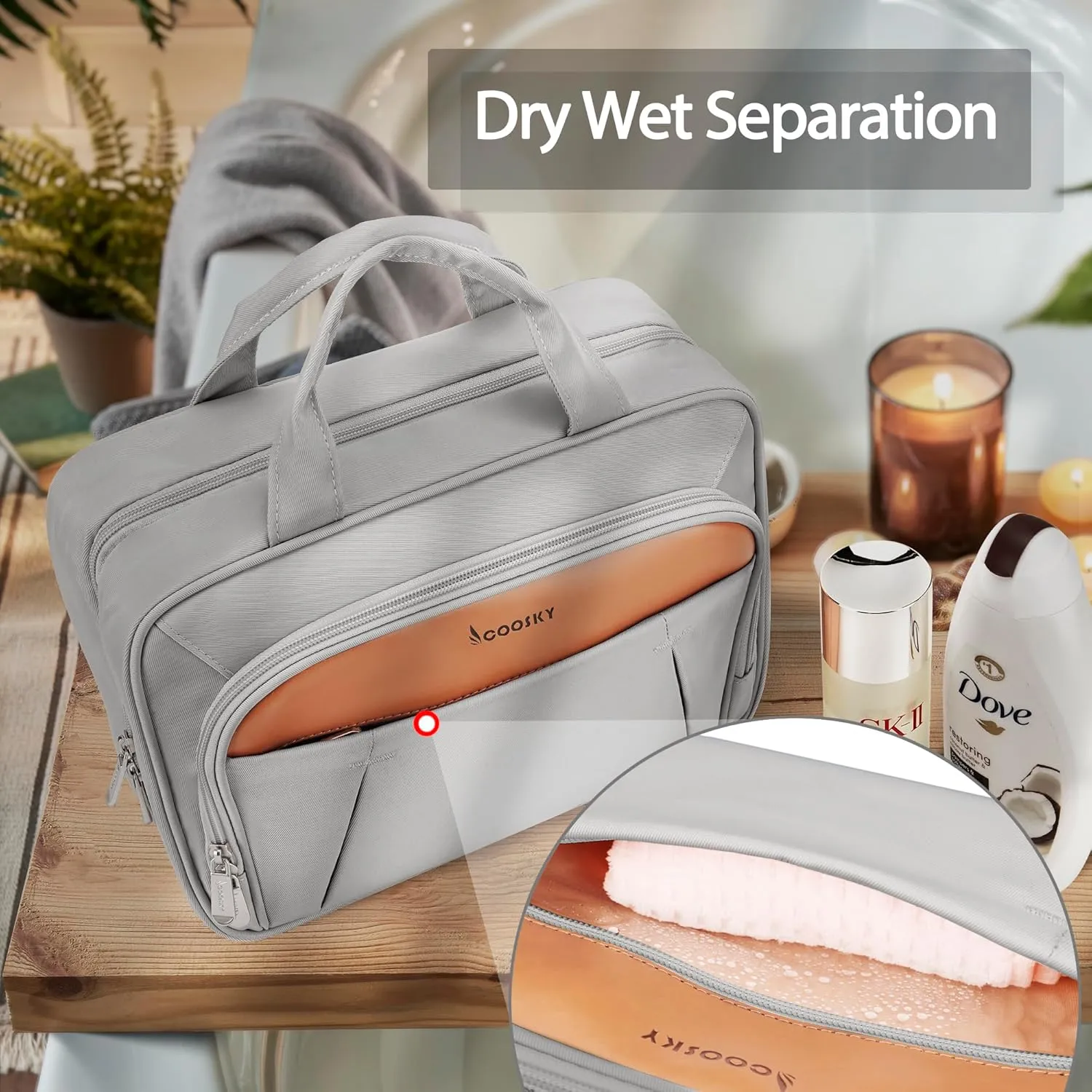 Travel Toiletry Bag for Women and Men, with Jewelry Organizer Compartment and Waterproof pocket, Hanging Makeup Accessories, Cosmetic Essentials, Toiletries Dopp Kit Set with Trolley Belt, Grey