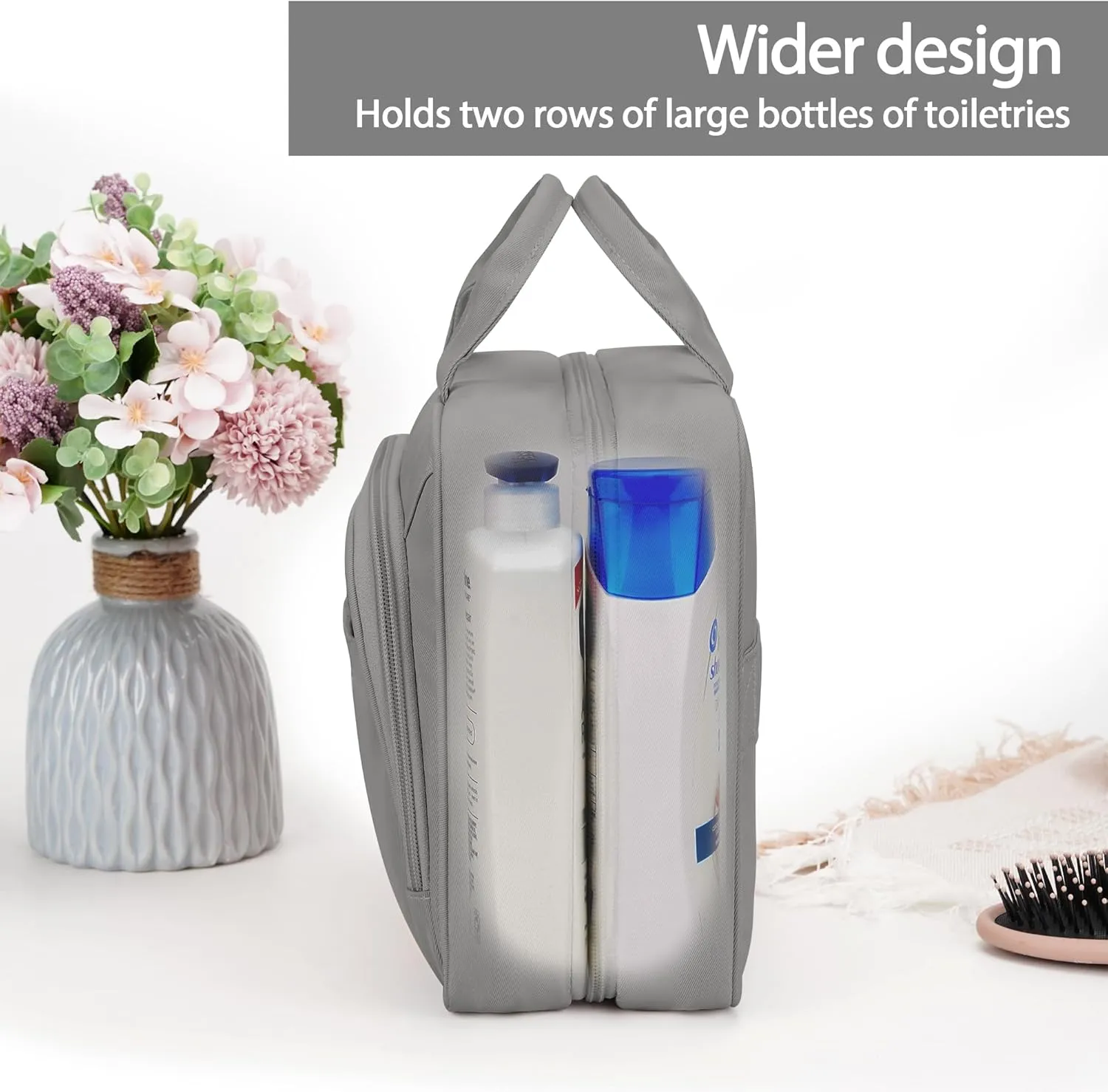 Travel Toiletry Bag for Women and Men, with Jewelry Organizer Compartment and Waterproof pocket, Hanging Makeup Accessories, Cosmetic Essentials, Toiletries Dopp Kit Set with Trolley Belt, Grey