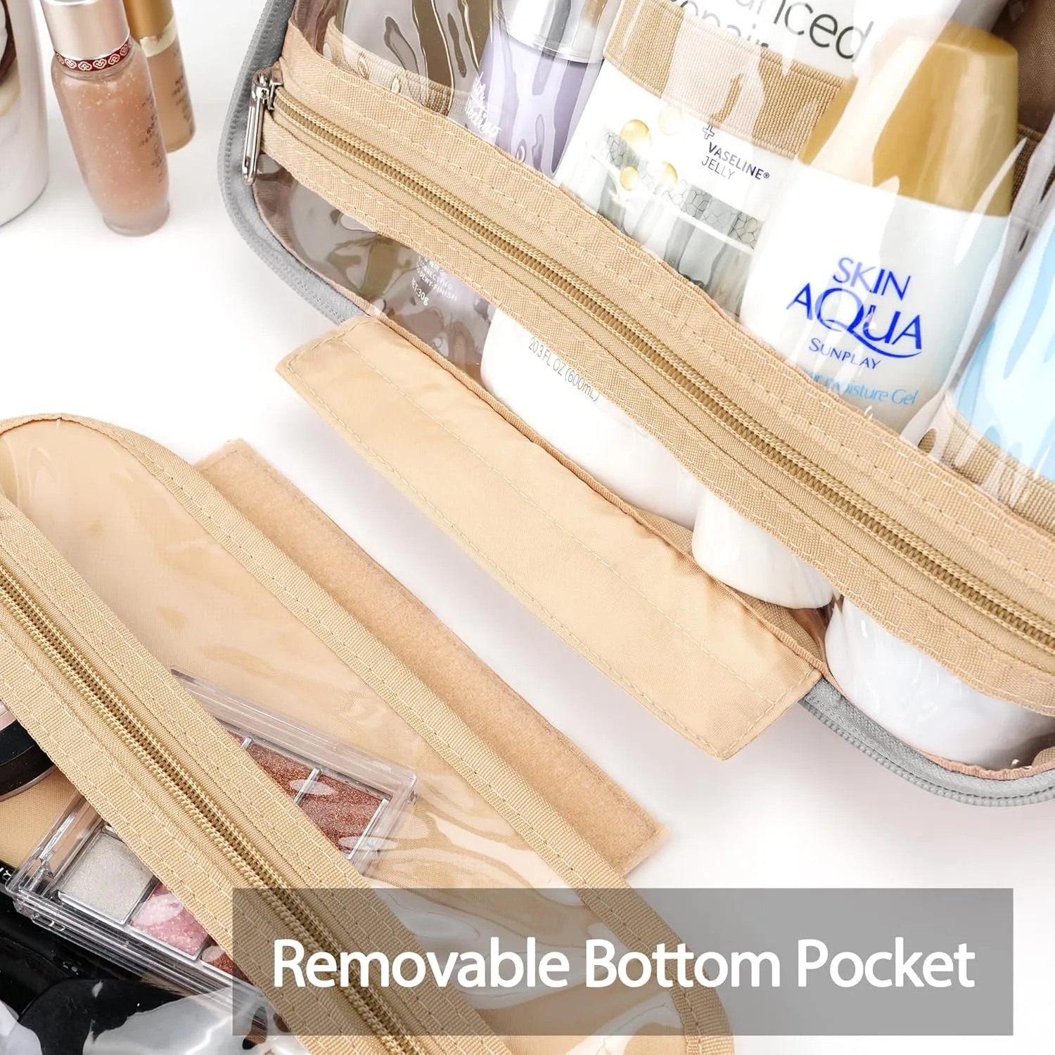 Travel Toiletry Bag for Women and Men, with Jewelry Organizer Compartment and Waterproof pocket, Hanging Makeup Accessories, Cosmetic Essentials, Toiletries Dopp Kit Set with Trolley Belt, Grey