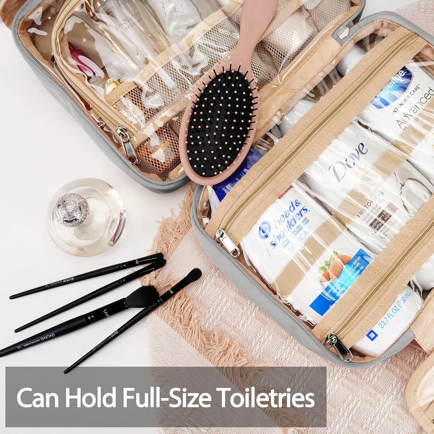 Travel Toiletry Bag for Women and Men, with Jewelry Organizer Compartment and Waterproof pocket, Hanging Makeup Accessories, Cosmetic Essentials, Toiletries Dopp Kit Set with Trolley Belt, Grey