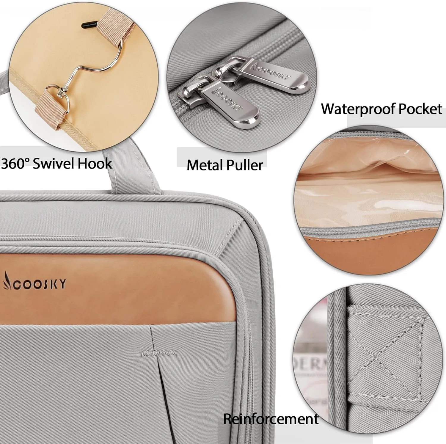 Travel Toiletry Bag for Women and Men, with Jewelry Organizer Compartment and Waterproof pocket, Hanging Makeup Accessories, Cosmetic Essentials, Toiletries Dopp Kit Set with Trolley Belt, Grey