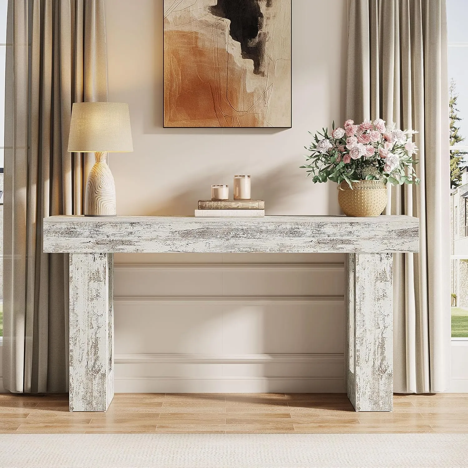 Tribesigns 63-Inch Long Console Table, Wooden Rectangular Sofa Table Behind The Couch, Farmhouse Entryway Table for Entrance, Hallway, Living Room (Distressed White)