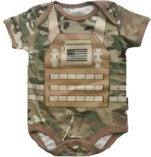 Trooper Clothing Future Soldier Flak Jacket Bodysuit - Multicam Camo Short Sleeve Baby Outfit for Army Air Force Enthusiasts