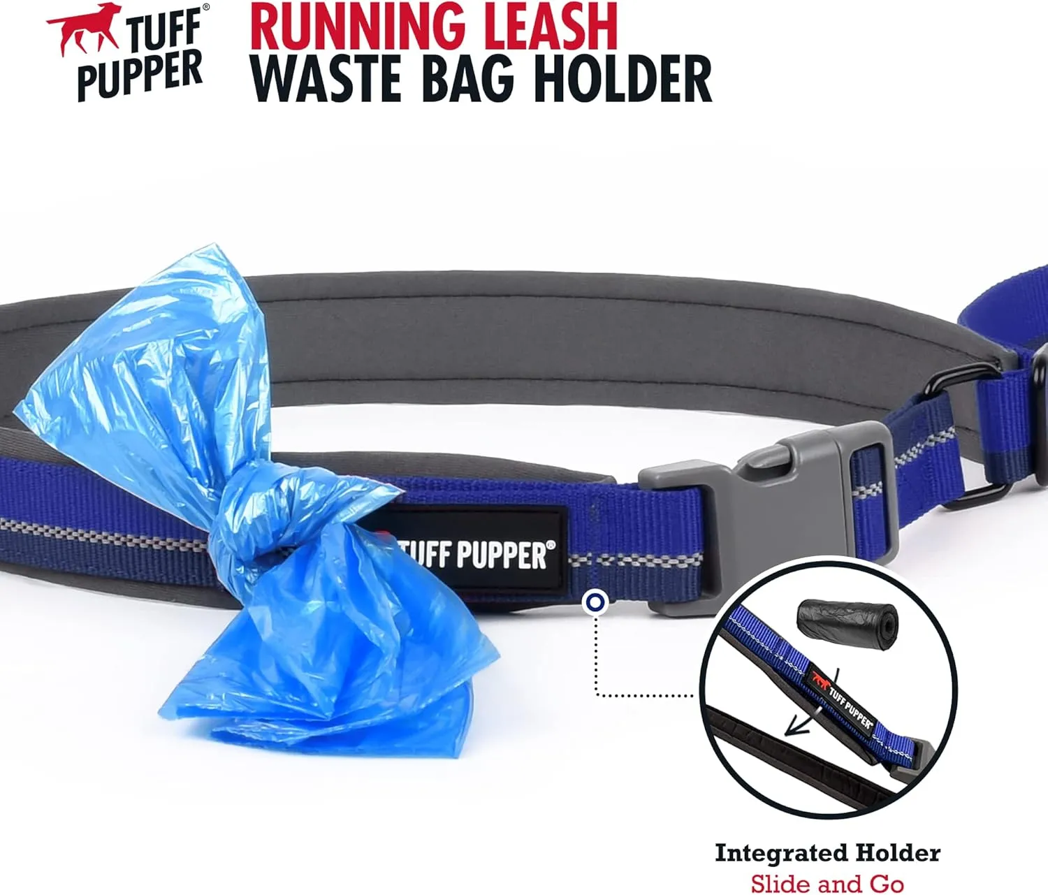 Tuff Pupper Hands Free Adjustable Length Dog Leash | Lightweight for Running Jogging Walking | Padded Waist Belt (24-50 inch) | Adjusts 3 to 6 Feet Length | Strong Ballistic Nylon w/Reflective Strips