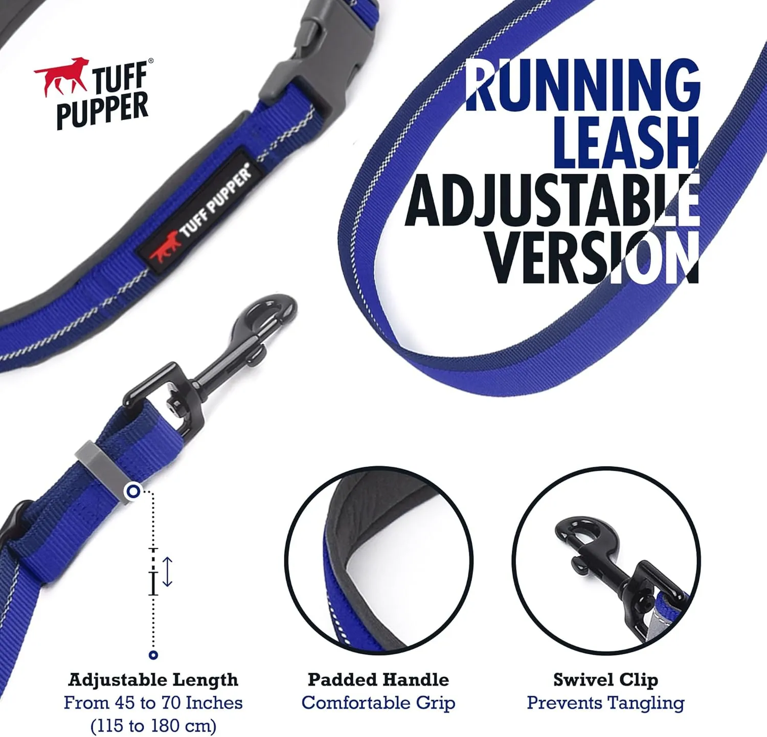 Tuff Pupper Hands Free Adjustable Length Dog Leash | Lightweight for Running Jogging Walking | Padded Waist Belt (24-50 inch) | Adjusts 3 to 6 Feet Length | Strong Ballistic Nylon w/Reflective Strips