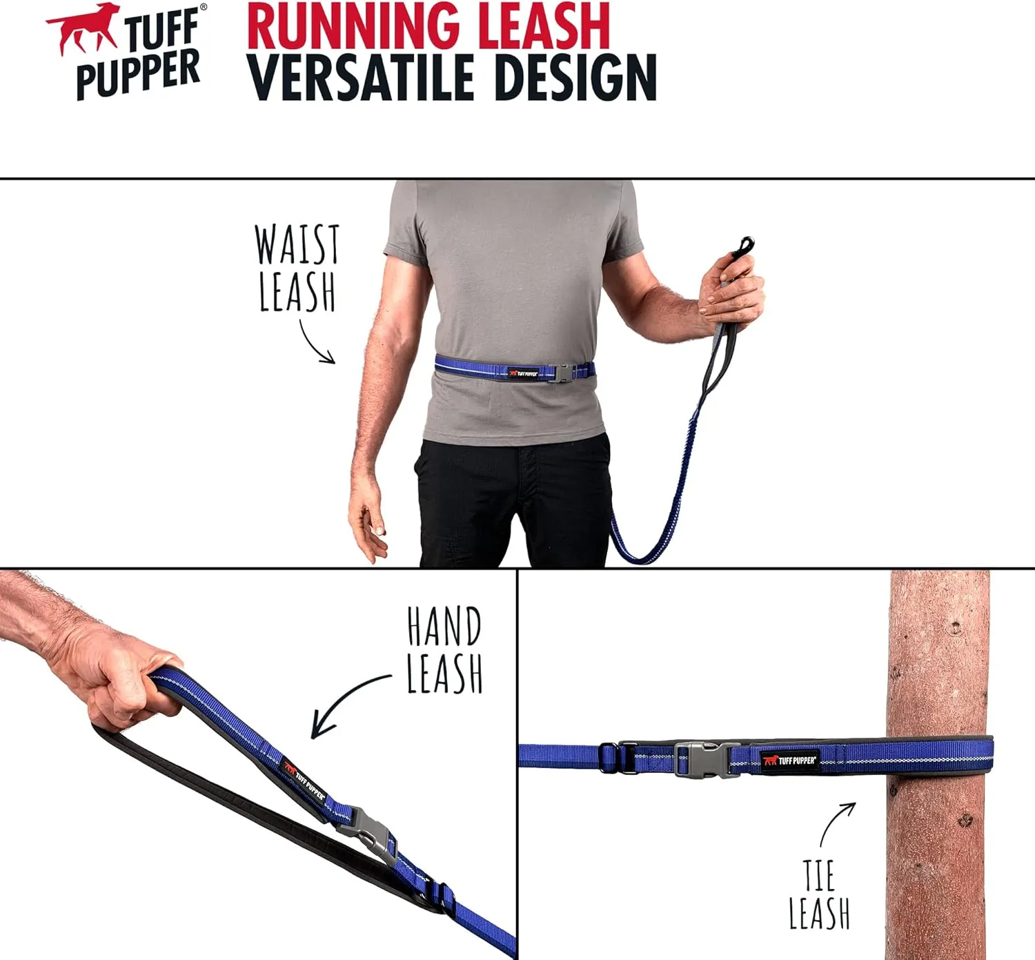 Tuff Pupper Hands Free Adjustable Length Dog Leash | Lightweight for Running Jogging Walking | Padded Waist Belt (24-50 inch) | Adjusts 3 to 6 Feet Length | Strong Ballistic Nylon w/Reflective Strips
