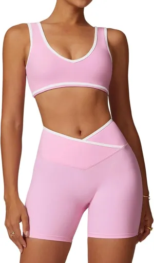 Two Piece Workout Sets for Women Color Block Sports Bra and Scrunch Butt Lifting Shorts Gym Yoga Active Wear Outfits