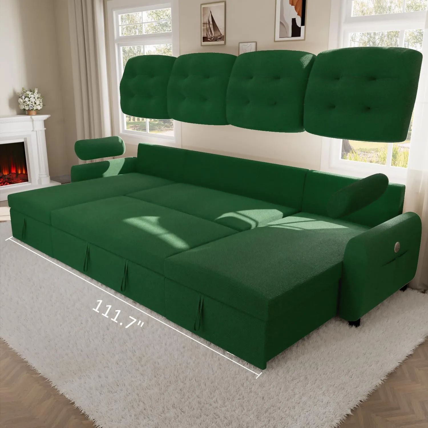 Ucloveria Sectional Sofa Couch, 112" Sleeper Sofa Bed with Dual Reversible Storage Chaise Pull Out Couch for Living Room | Side Pockets | Charging Station | Removable Backrest | Linen Fabric, Green