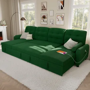 Ucloveria Sectional Sofa Couch, 112" Sleeper Sofa Bed with Dual Reversible Storage Chaise Pull Out Couch for Living Room | Side Pockets | Charging Station | Removable Backrest | Linen Fabric, Green