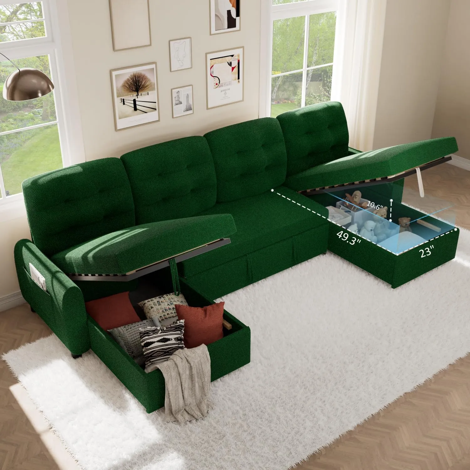 Ucloveria Sectional Sofa Couch, 112" Sleeper Sofa Bed with Dual Reversible Storage Chaise Pull Out Couch for Living Room | Side Pockets | Charging Station | Removable Backrest | Linen Fabric, Green
