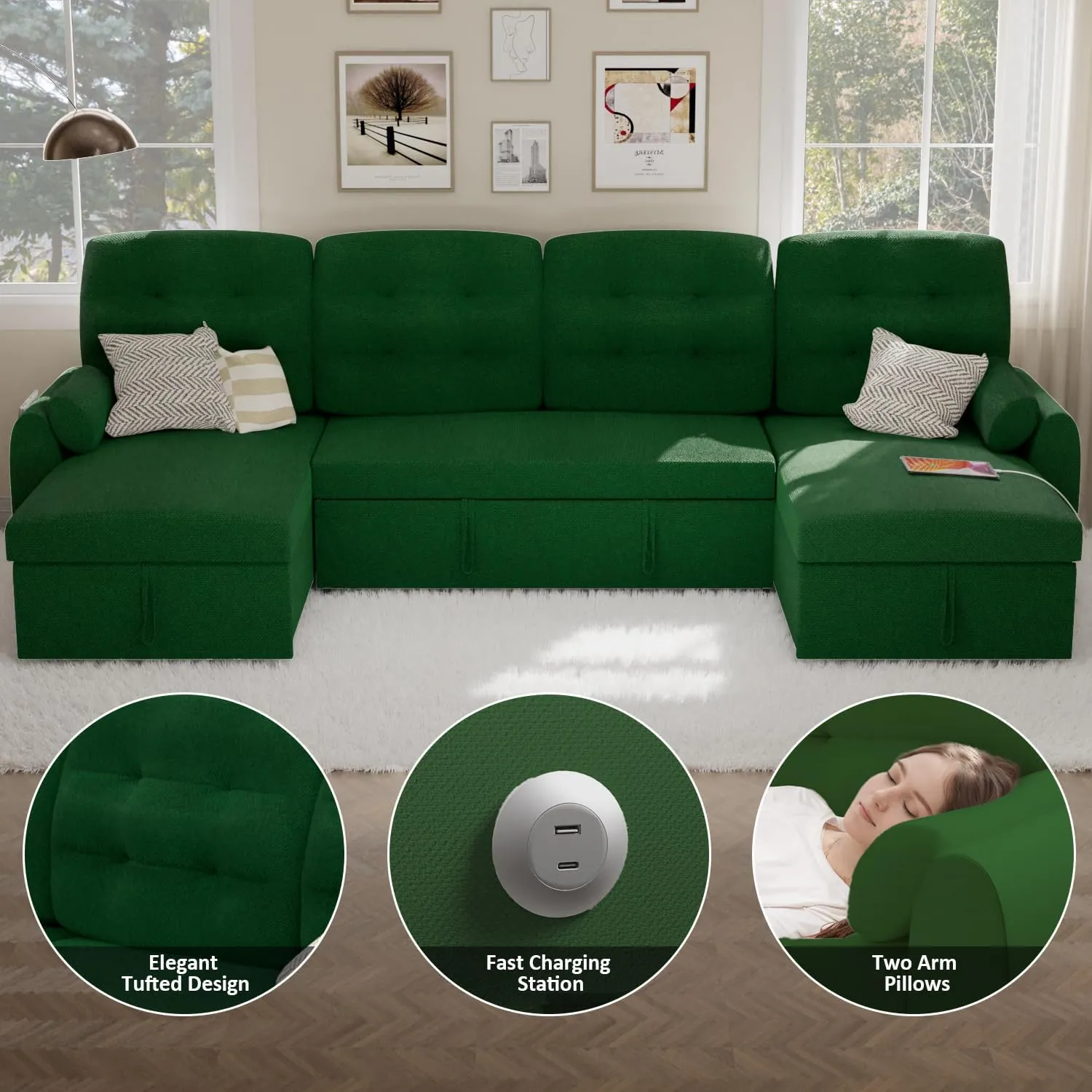 Ucloveria Sectional Sofa Couch, 112" Sleeper Sofa Bed with Dual Reversible Storage Chaise Pull Out Couch for Living Room | Side Pockets | Charging Station | Removable Backrest | Linen Fabric, Green