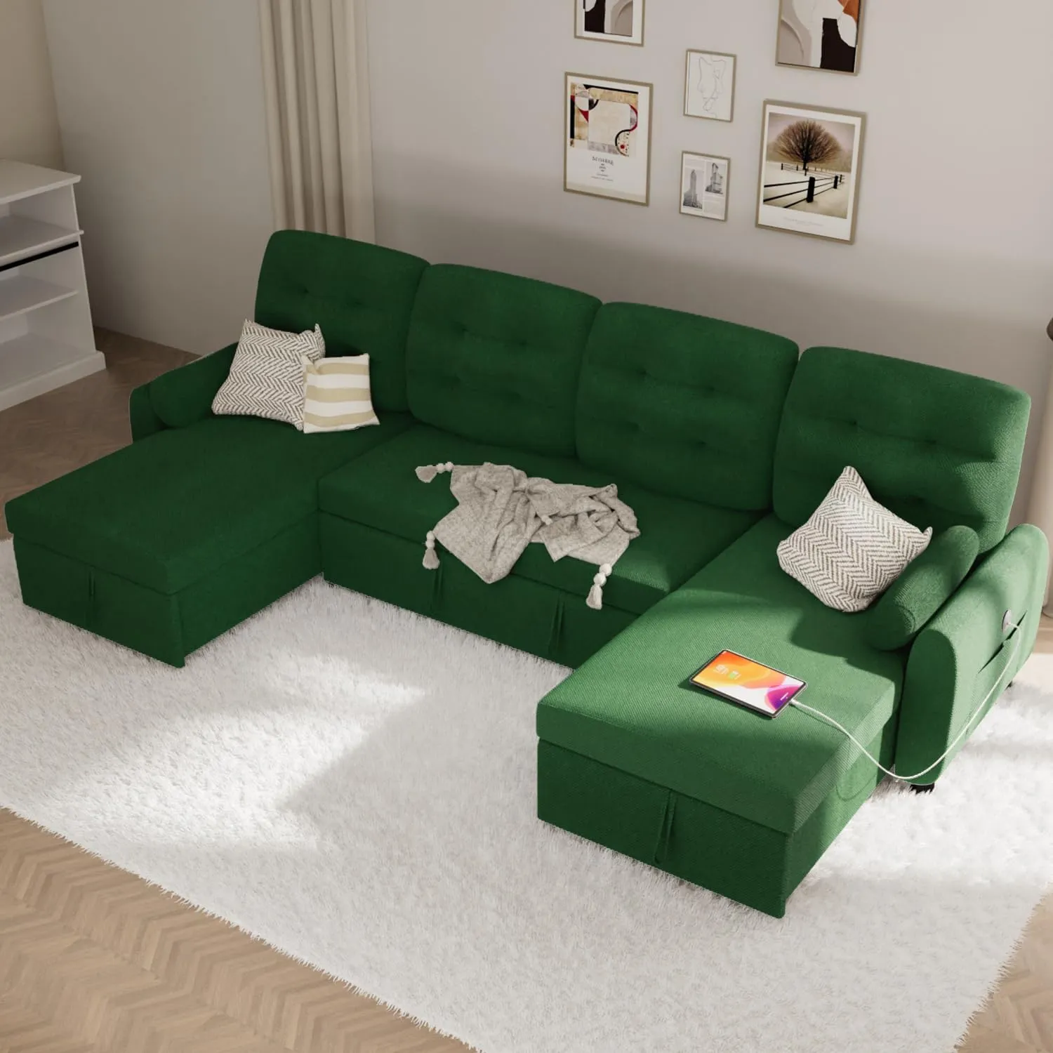Ucloveria Sectional Sofa Couch, 112" Sleeper Sofa Bed with Dual Reversible Storage Chaise Pull Out Couch for Living Room | Side Pockets | Charging Station | Removable Backrest | Linen Fabric, Green