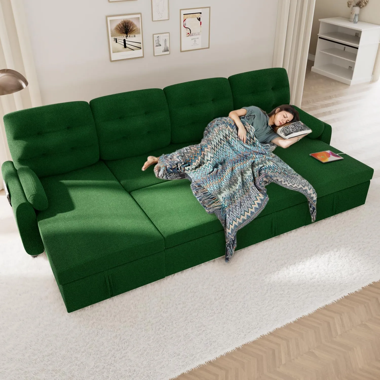 Ucloveria Sectional Sofa Couch, 112" Sleeper Sofa Bed with Dual Reversible Storage Chaise Pull Out Couch for Living Room | Side Pockets | Charging Station | Removable Backrest | Linen Fabric, Green