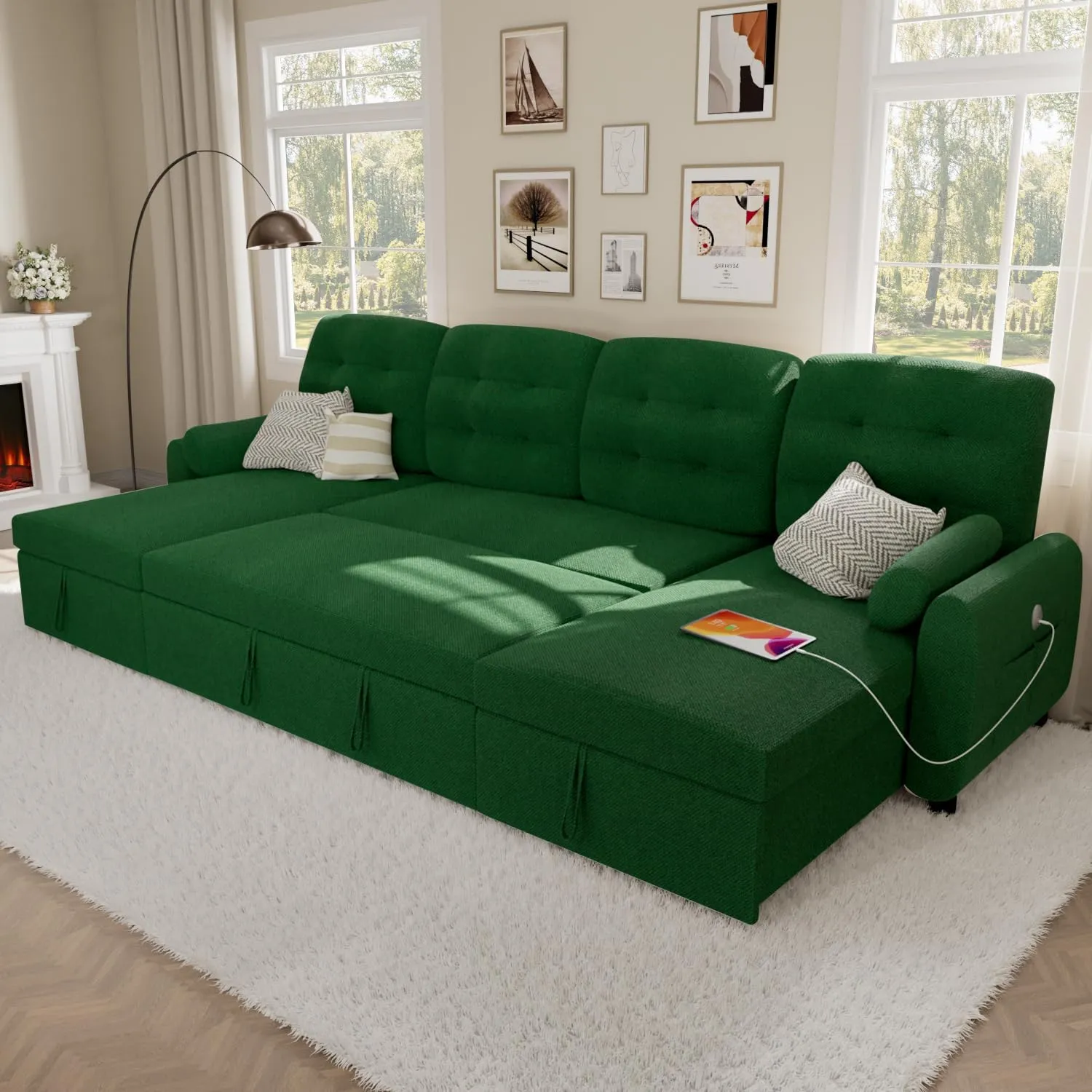 Ucloveria Sectional Sofa Couch, 112" Sleeper Sofa Bed with Dual Reversible Storage Chaise Pull Out Couch for Living Room | Side Pockets | Charging Station | Removable Backrest | Linen Fabric, Green