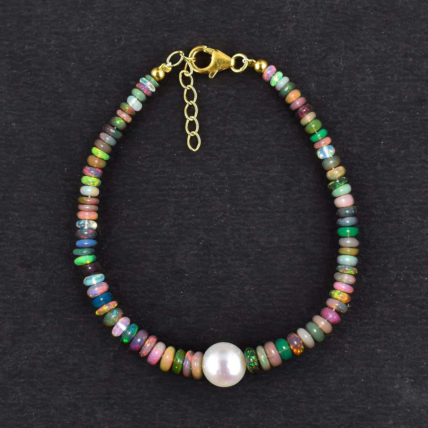 Ultra Fire Multi Ethiopian Opal-Pearl Beads Bangle Women Bracelet Jewelry, Healing Crystals, Birthstone Jewelry Gold Plated Sterling Silver Chain 8" Birthday Gift