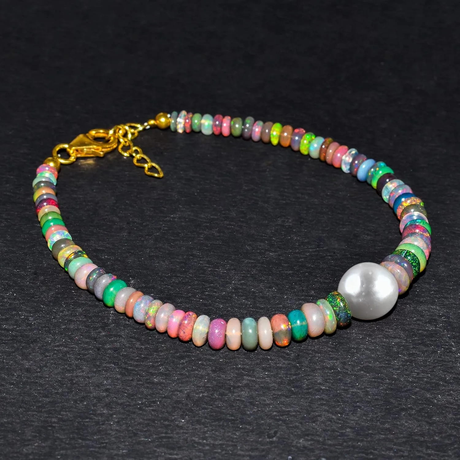 Ultra Fire Multi Ethiopian Opal-Pearl Beads Bangle Women Bracelet Jewelry, Healing Crystals, Birthstone Jewelry Gold Plated Sterling Silver Chain 8" Birthday Gift