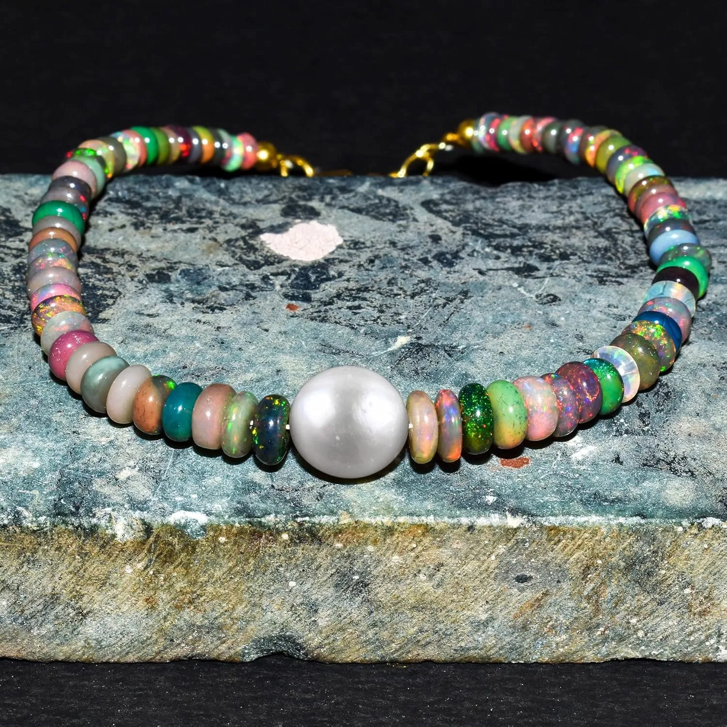Ultra Fire Multi Ethiopian Opal-Pearl Beads Bangle Women Bracelet Jewelry, Healing Crystals, Birthstone Jewelry Gold Plated Sterling Silver Chain 8" Birthday Gift