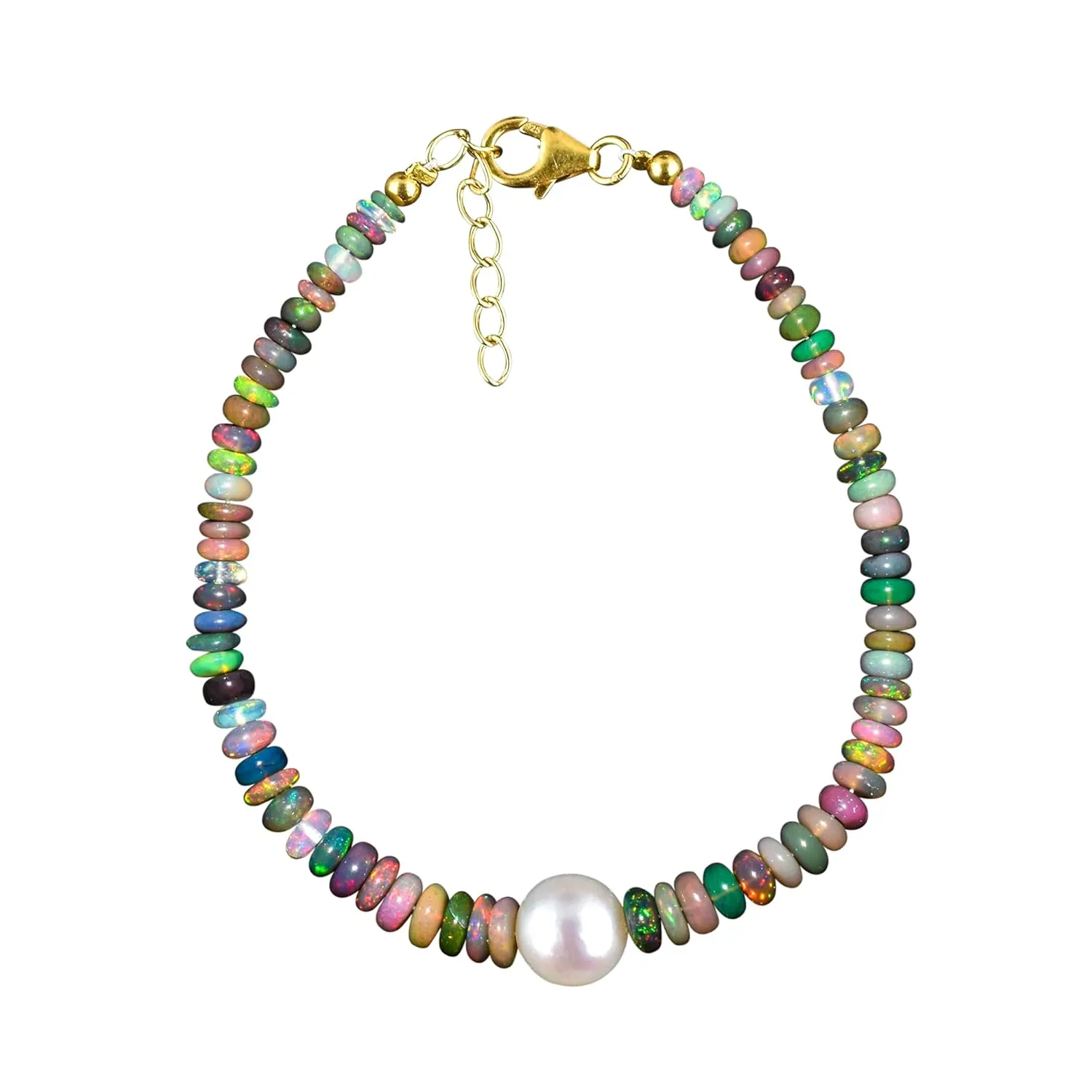 Ultra Fire Multi Ethiopian Opal-Pearl Beads Bangle Women Bracelet Jewelry, Healing Crystals, Birthstone Jewelry Gold Plated Sterling Silver Chain 8" Birthday Gift
