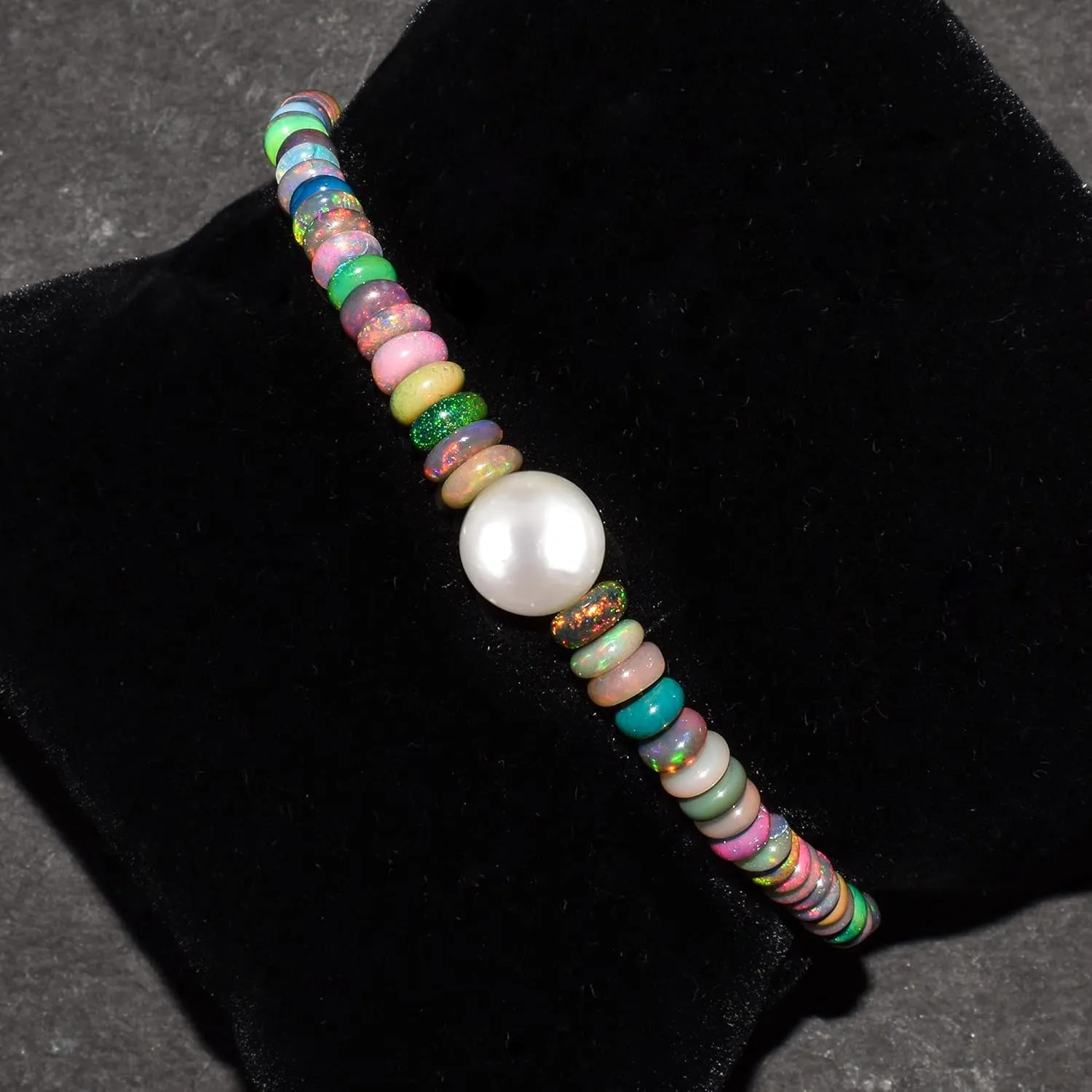 Ultra Fire Multi Ethiopian Opal-Pearl Beads Bangle Women Bracelet Jewelry, Healing Crystals, Birthstone Jewelry Gold Plated Sterling Silver Chain 8" Birthday Gift