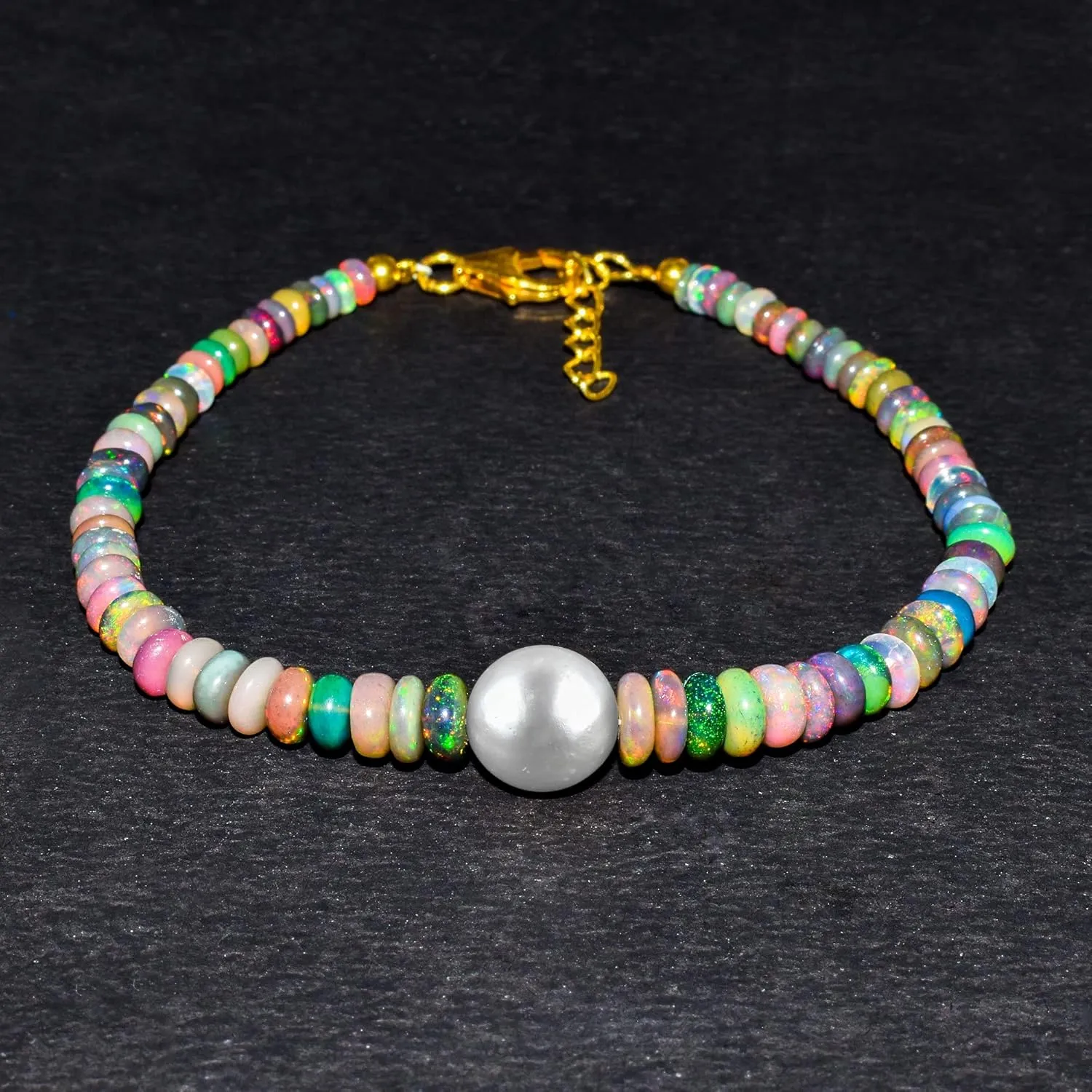Ultra Fire Multi Ethiopian Opal-Pearl Beads Bangle Women Bracelet Jewelry, Healing Crystals, Birthstone Jewelry Gold Plated Sterling Silver Chain 8" Birthday Gift