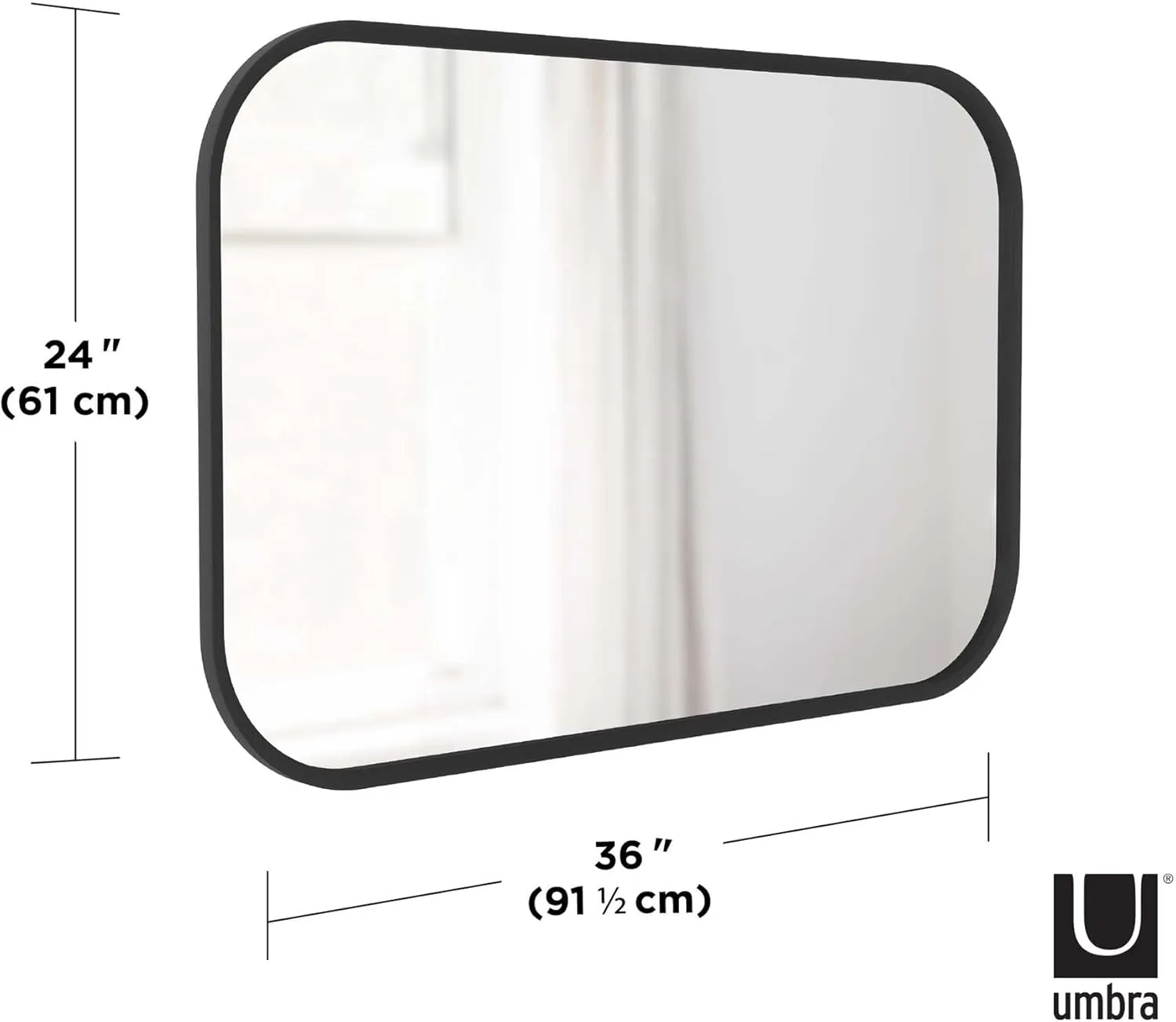 Umbra Hub Rectangular Wall Mirror with Rubber Frame, Modern Decor for Entryways, Washrooms, Living Rooms, Black