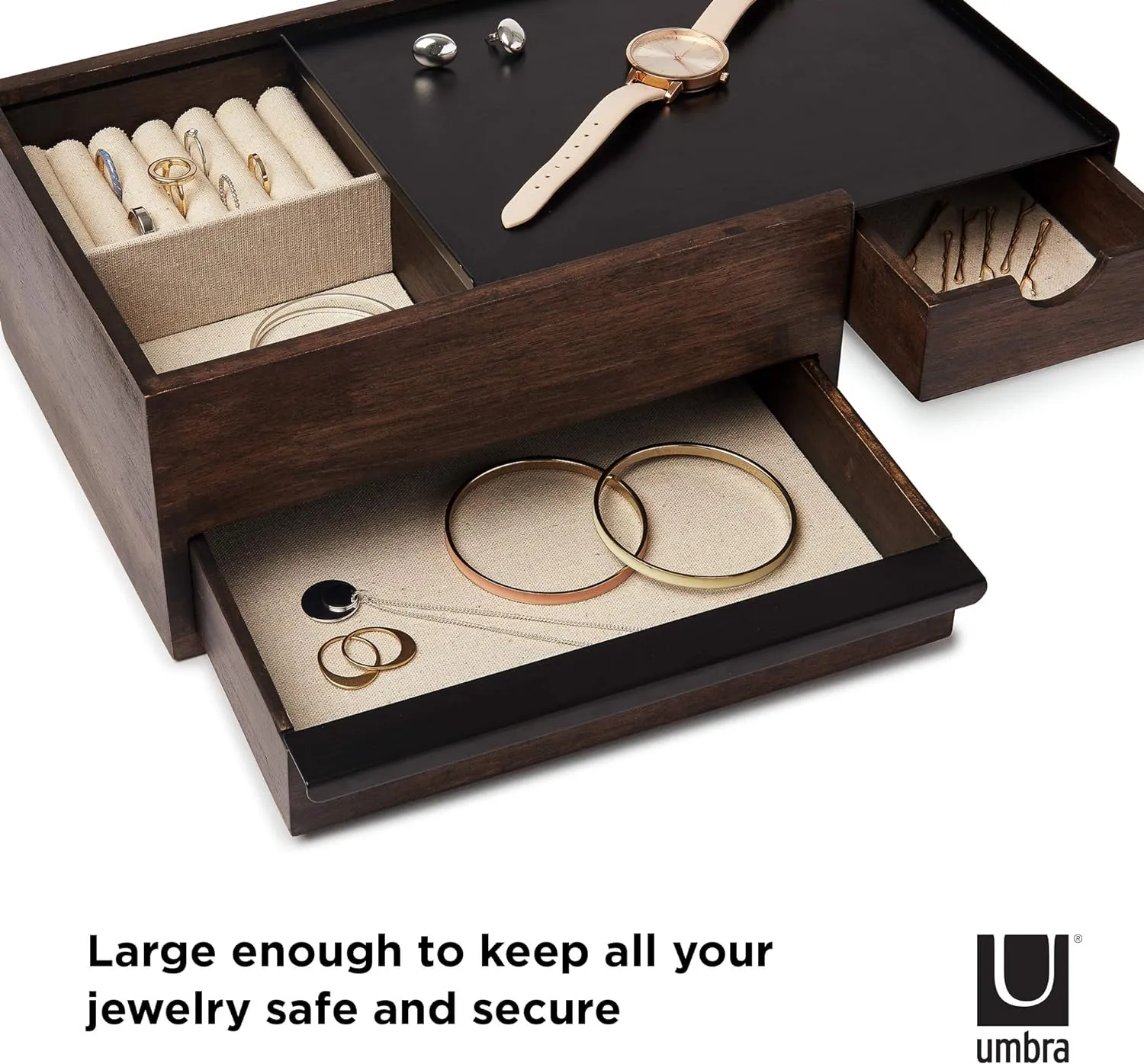 Umbra Stowit Jewelry Box - Modern Keepsake Storage Organizer with Hidden Compartment Drawers for Ring, Bracelet, Watch, Necklace, Earrings, and Accessories, Black Walnut