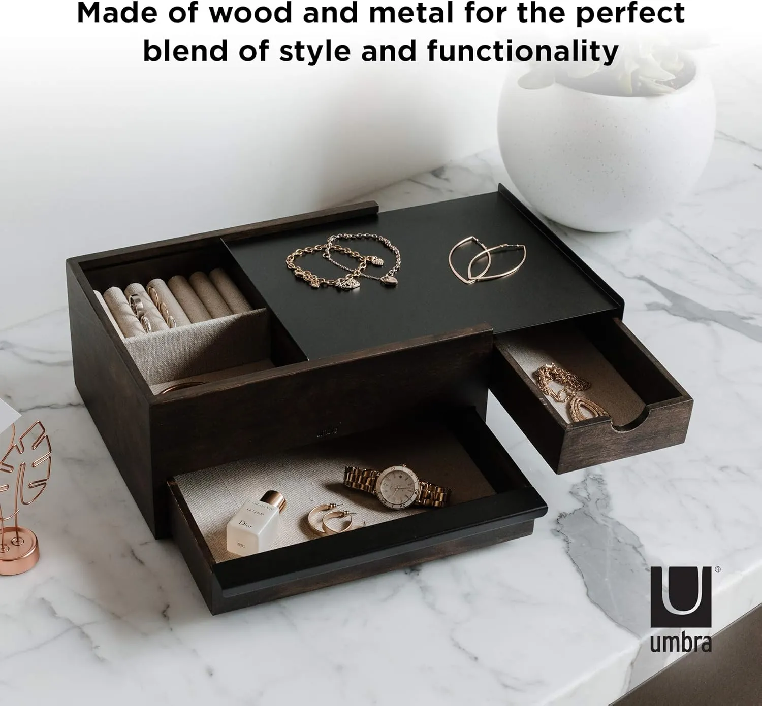 Umbra Stowit Jewelry Box - Modern Keepsake Storage Organizer with Hidden Compartment Drawers for Ring, Bracelet, Watch, Necklace, Earrings, and Accessories, Black Walnut