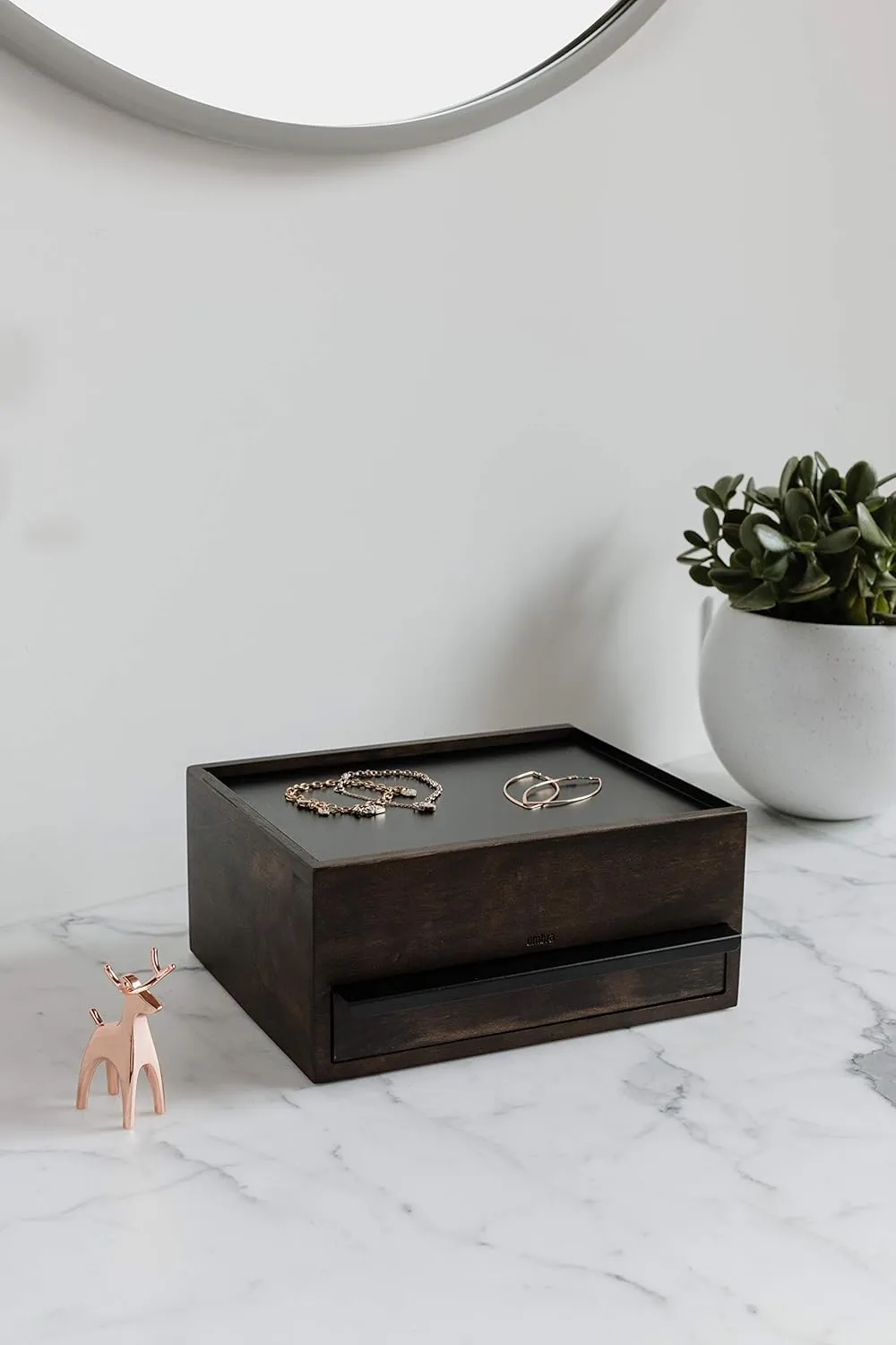 Umbra Stowit Jewelry Box - Modern Keepsake Storage Organizer with Hidden Compartment Drawers for Ring, Bracelet, Watch, Necklace, Earrings, and Accessories, Black Walnut