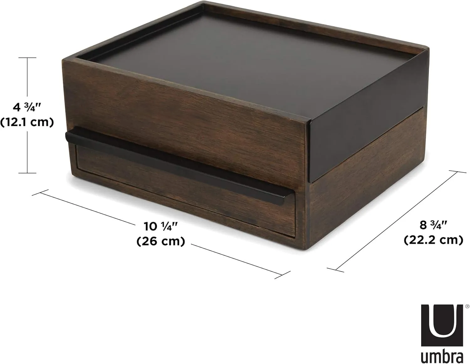 Umbra Stowit Jewelry Box - Modern Keepsake Storage Organizer with Hidden Compartment Drawers for Ring, Bracelet, Watch, Necklace, Earrings, and Accessories, Black Walnut