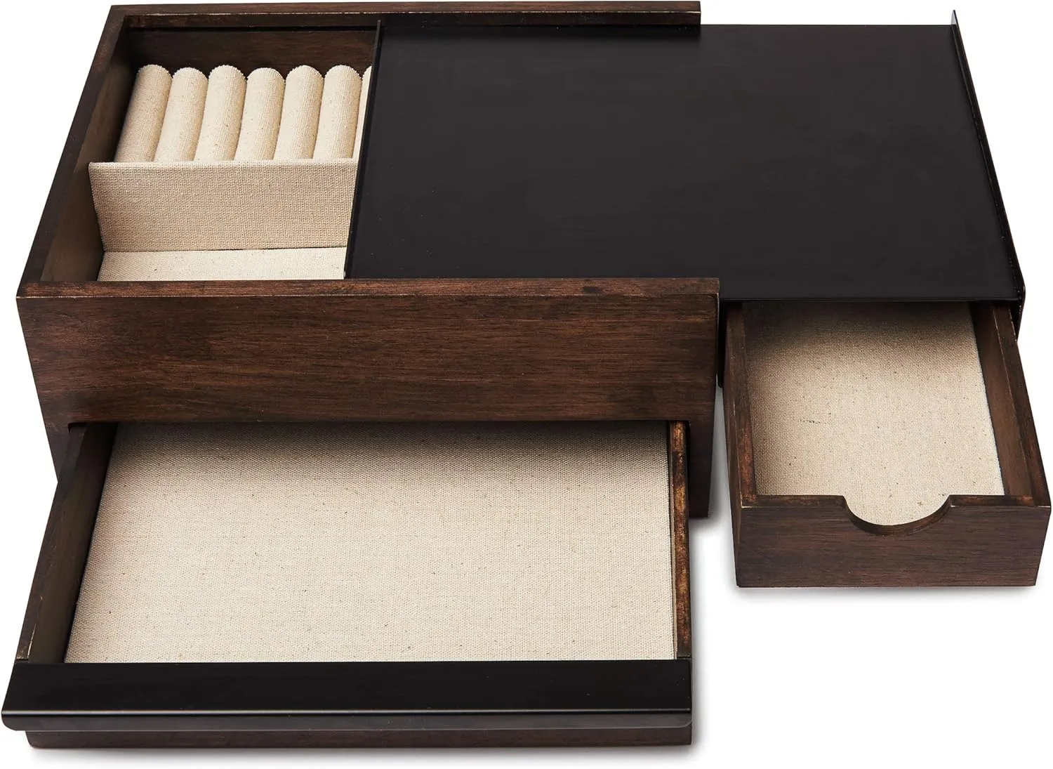 Umbra Stowit Jewelry Box - Modern Keepsake Storage Organizer with Hidden Compartment Drawers for Ring, Bracelet, Watch, Necklace, Earrings, and Accessories, Black Walnut