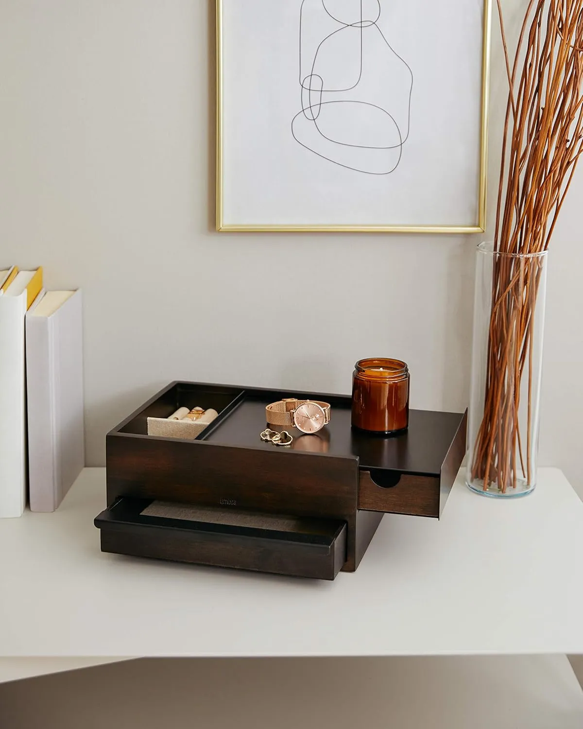 Umbra Stowit Jewelry Box - Modern Keepsake Storage Organizer with Hidden Compartment Drawers for Ring, Bracelet, Watch, Necklace, Earrings, and Accessories, Black Walnut