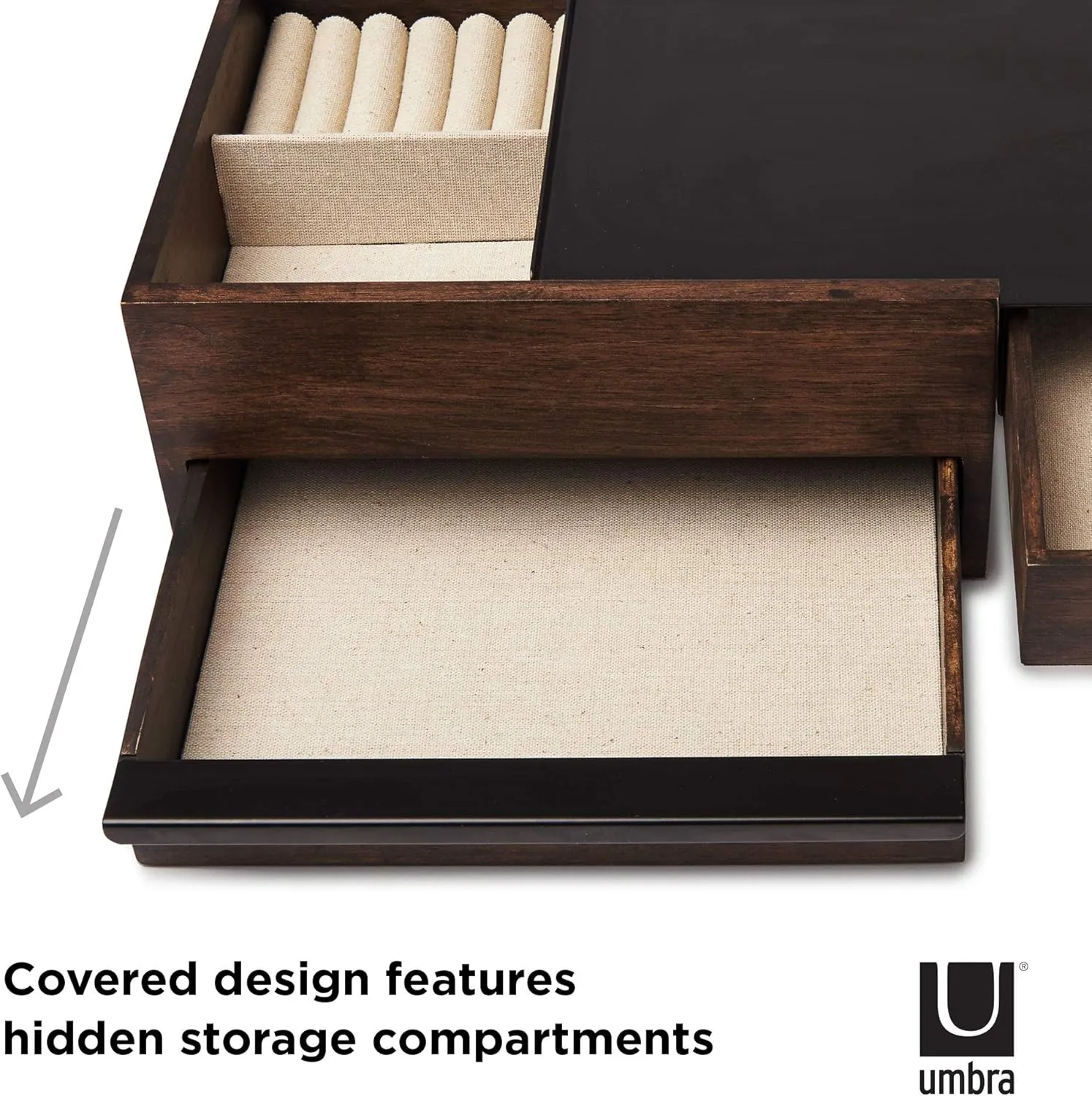 Umbra Stowit Jewelry Box - Modern Keepsake Storage Organizer with Hidden Compartment Drawers for Ring, Bracelet, Watch, Necklace, Earrings, and Accessories, Black Walnut
