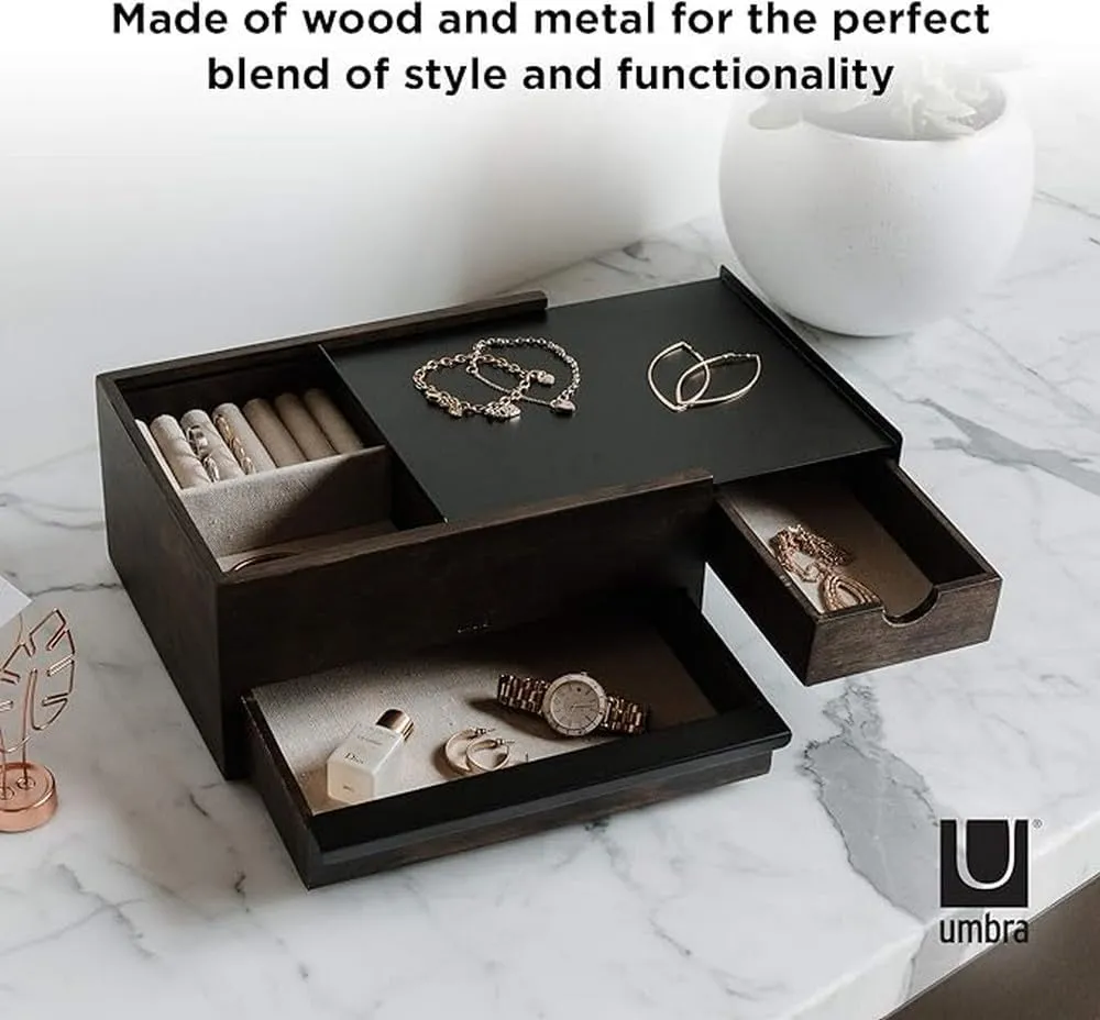 Umbra Stowit Jewelry Box - Modern Keepsake Storage Organizer with Hidden Compartment Drawers for Ring, Bracelet, Watch, Necklace, Earrings, and Accessories, Black Walnut