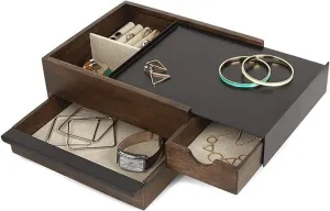 Umbra Stowit Jewelry Box - Modern Keepsake Storage Organizer with Hidden Compartment Drawers for Ring, Bracelet, Watch, Necklace, Earrings, and Accessories, Black Walnut