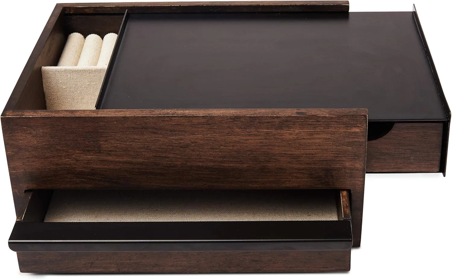 Umbra Stowit Jewelry Box - Modern Keepsake Storage Organizer with Hidden Compartment Drawers for Ring, Bracelet, Watch, Necklace, Earrings, and Accessories, Black Walnut