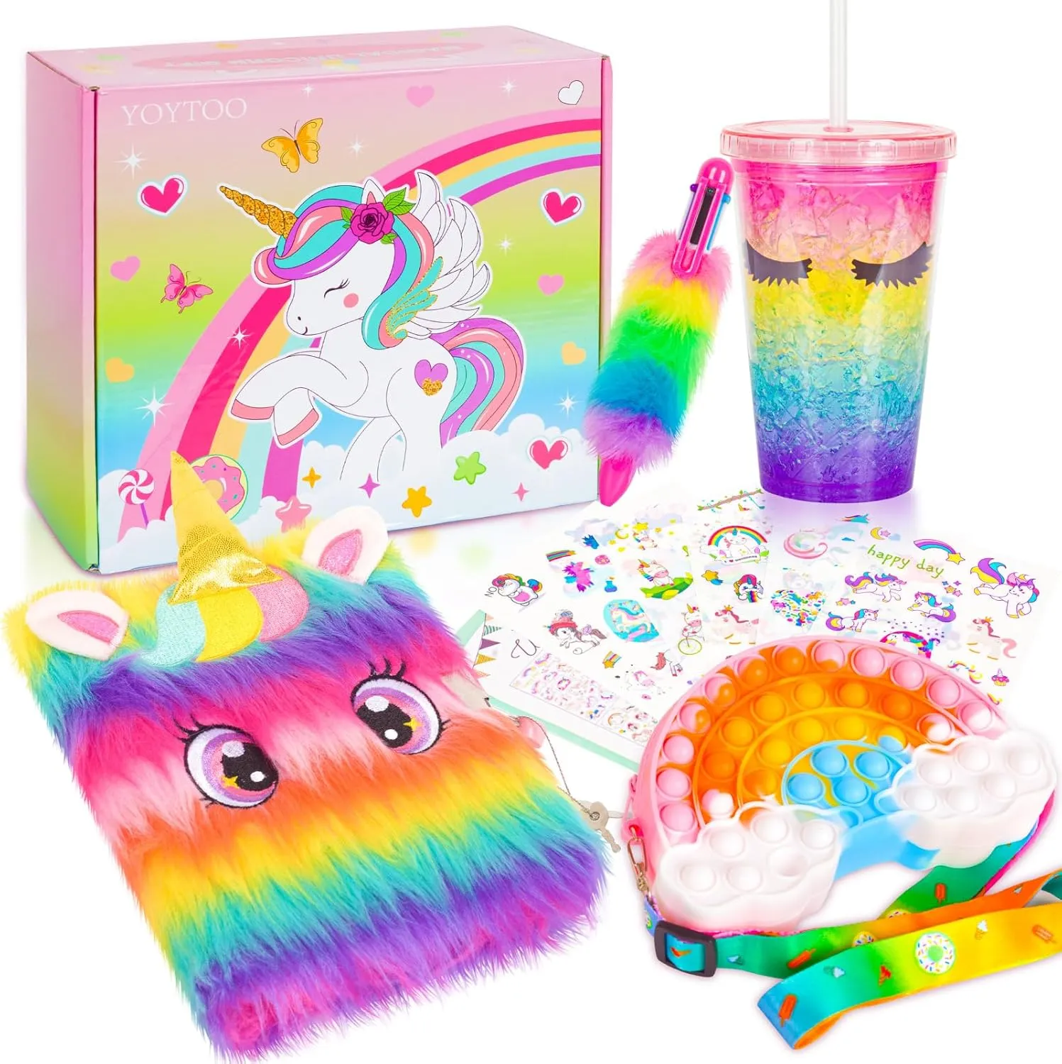Unicorn Gifts for Girls 5 6 7 8 9 10-12 Years Old, Kids Plush Unicorn Toys with Secret Diary Water Bottle Pop Rainbow Purse Ballpoint Pen, Birthday Gifts for Little Girls Teens