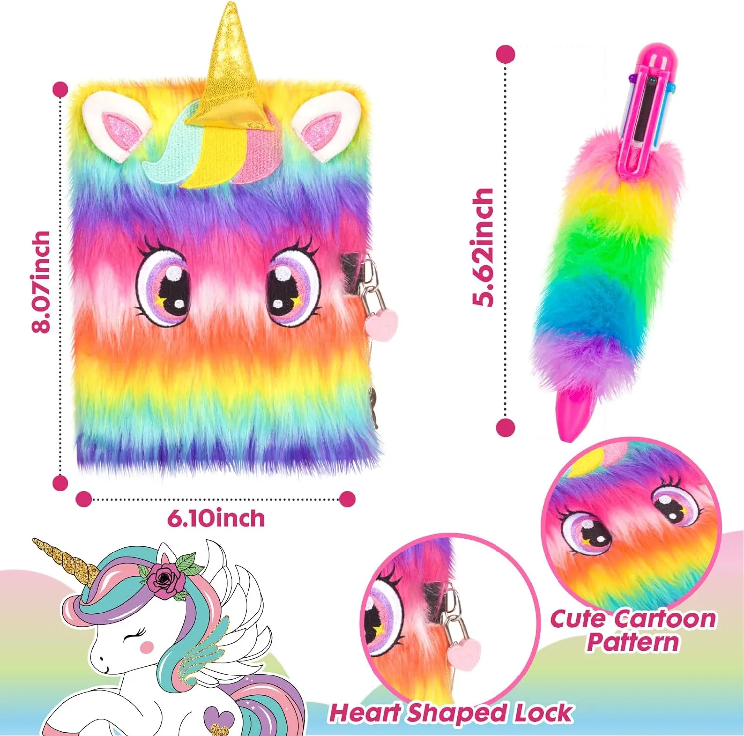 Unicorn Gifts for Girls 5 6 7 8 9 10-12 Years Old, Kids Plush Unicorn Toys with Secret Diary Water Bottle Pop Rainbow Purse Ballpoint Pen, Birthday Gifts for Little Girls Teens