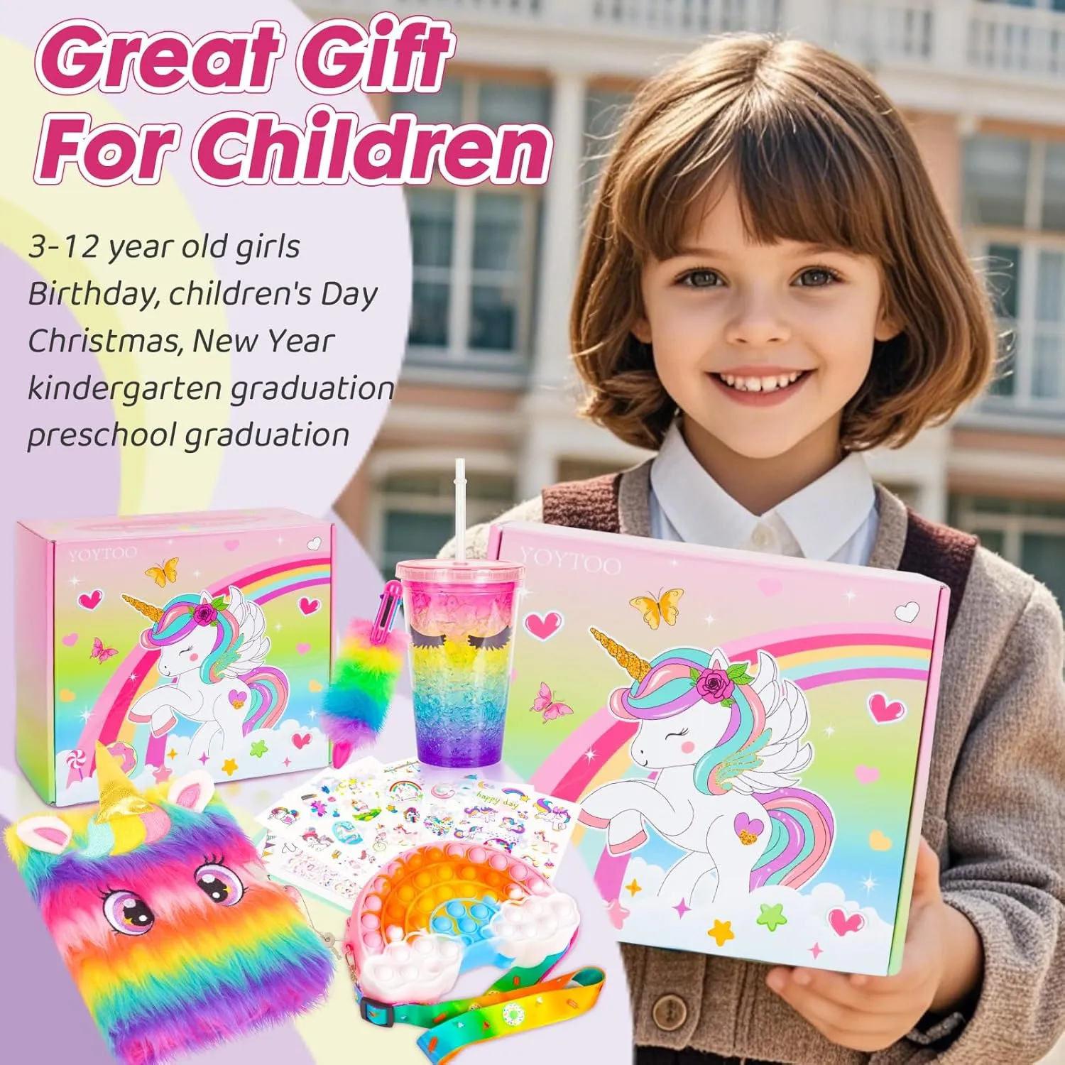 Unicorn Gifts for Girls 5 6 7 8 9 10-12 Years Old, Kids Plush Unicorn Toys with Secret Diary Water Bottle Pop Rainbow Purse Ballpoint Pen, Birthday Gifts for Little Girls Teens